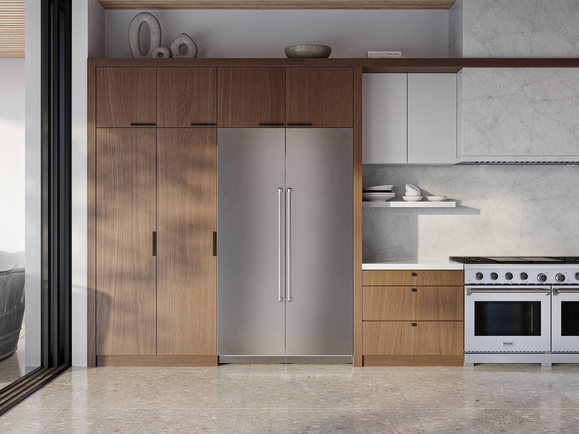 The text on the image reads "O.0 THL." This is likely a typo or a misinterpretation of the image. The actual text should be "0.0 THL," which is a measurement of the thickness of the glass in the kitchen.