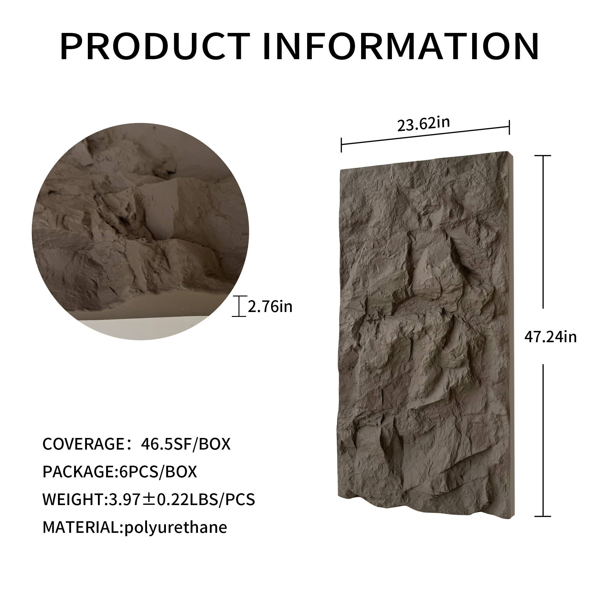PRODUCT INFORMATION

23.62in | 2.76in | 47.24in

COVERAGE: 46.5SF/BOX  
PACKAGE: 6PCS/BOX  
WEIGHT: 3.97 ± 0.22LBS/PCS  
MATERIAL: polyurethane