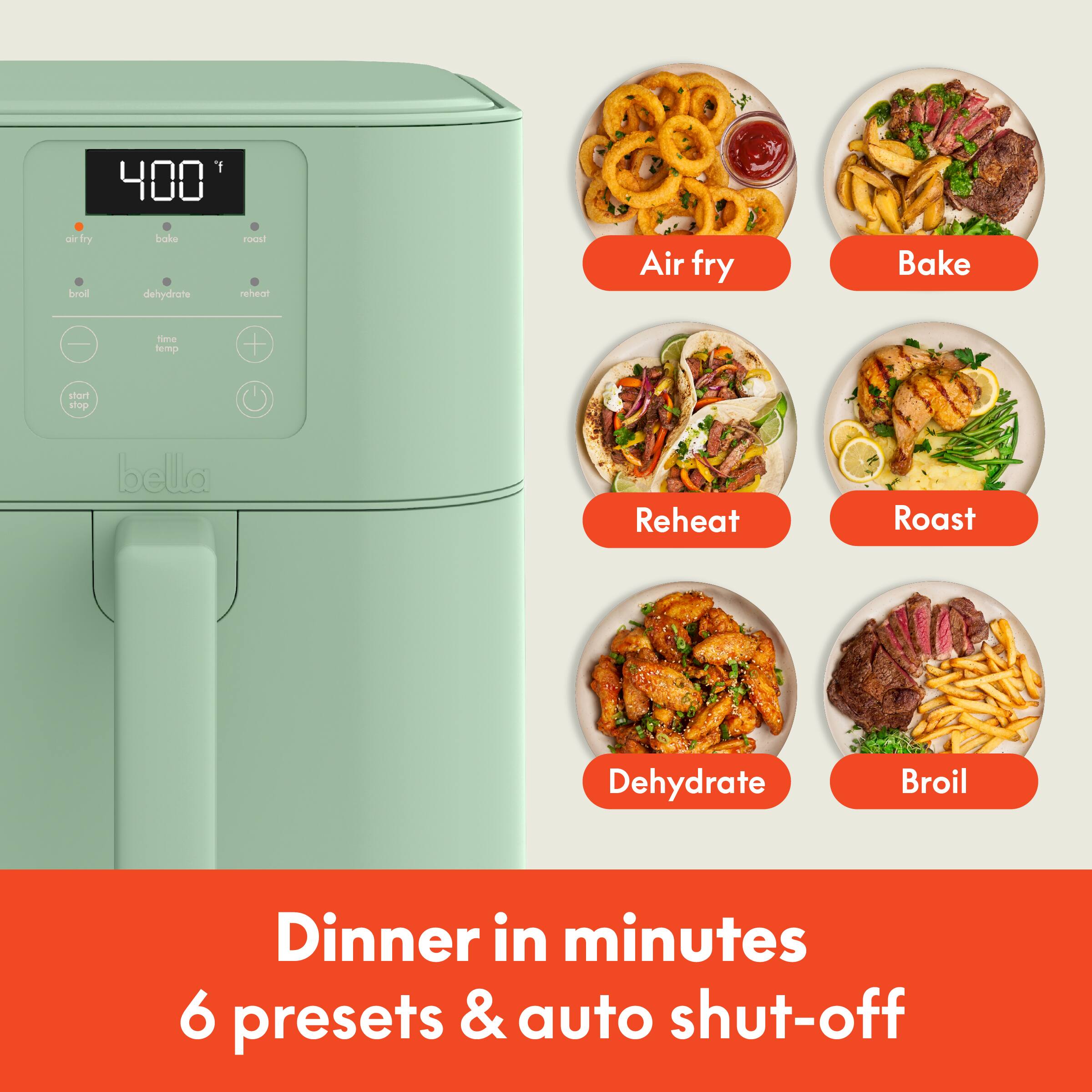 400 - Air fry Bake Reheat Roast Dehydrate Broil Dinner in minutes 6 presets & auto shut-off