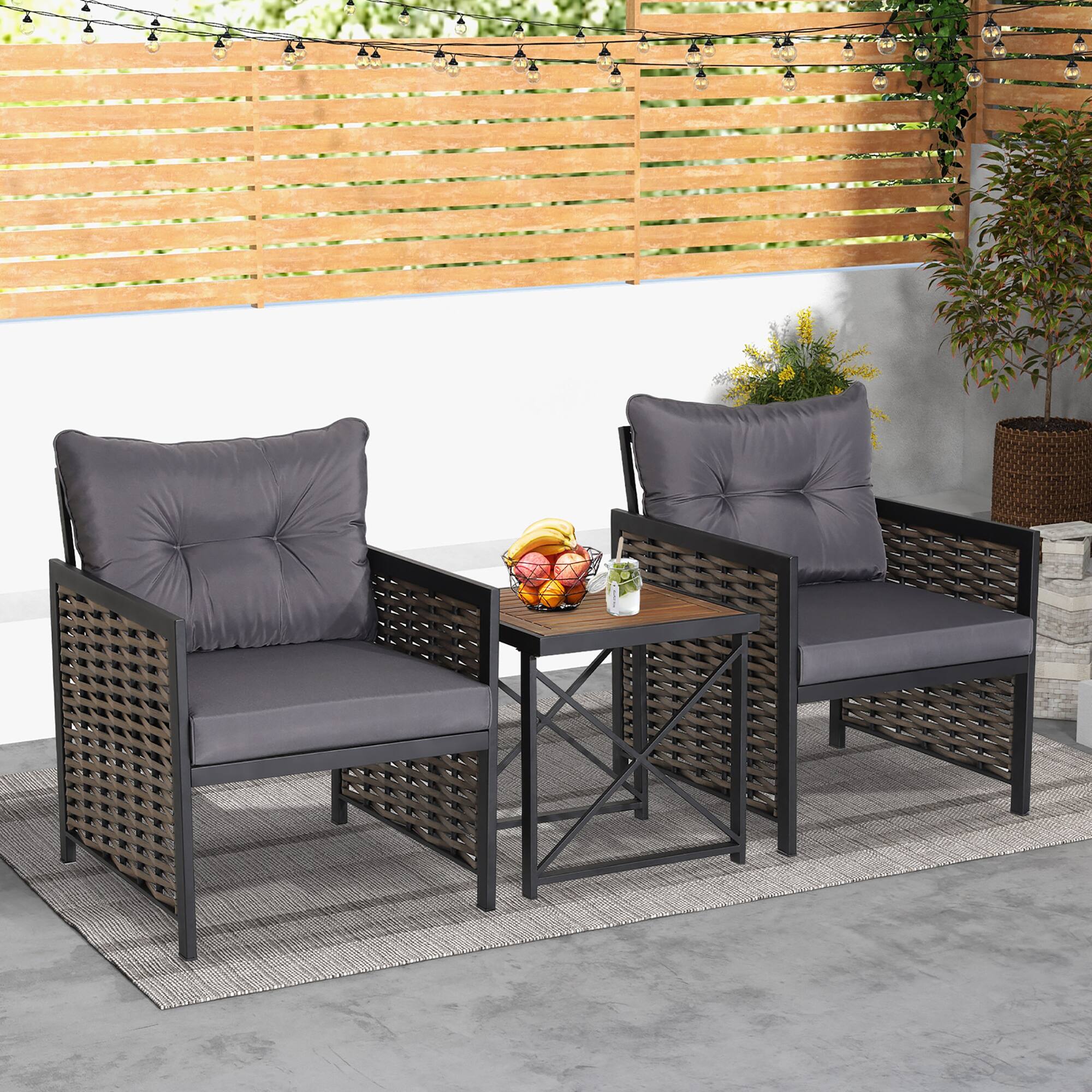 Alt View 2. Costway - Costway 3 PCS Patio Rattan Furniture Set Acacia Wood Coffee Table & 2 Chairs Backyard Gray Cushion - Brown,Black,Grey.