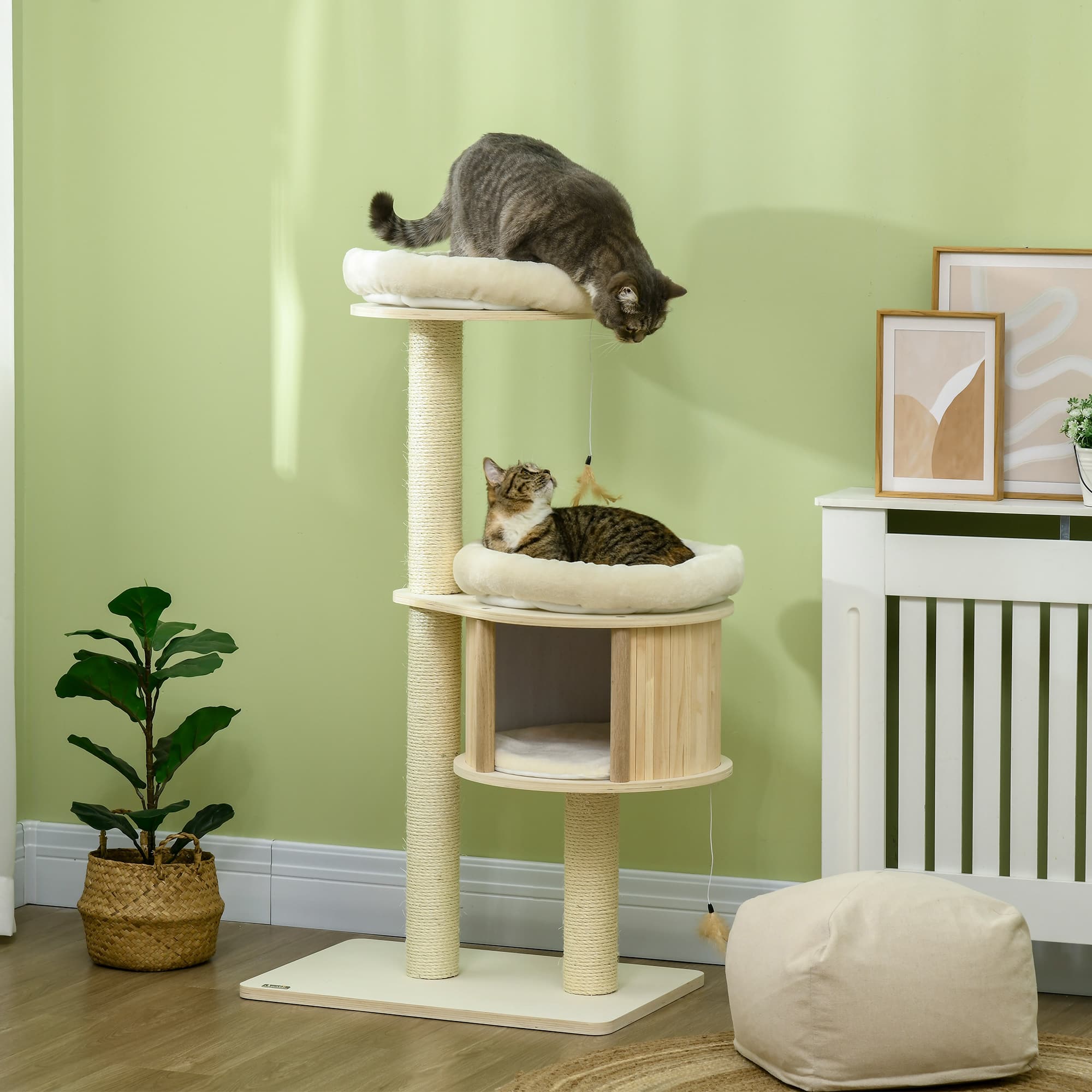 Siljoy - PawHut 3-Level Cat Tree with Hideaway Home, Sisal Scratching Posts & Badminton Toy, Soft Plush Perches