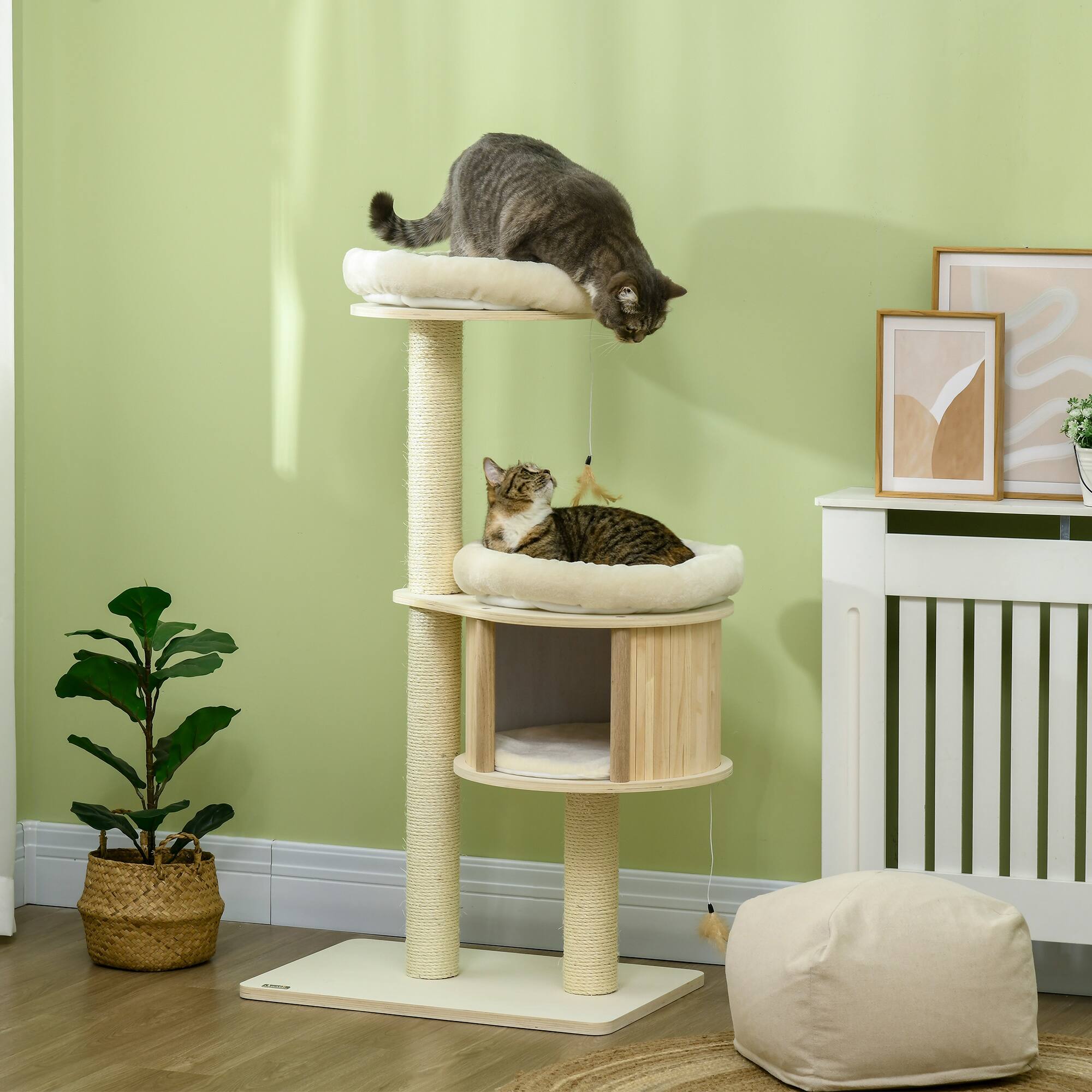 Angle. TinyHomie - 3-Level Cat Tree with Sisal Scratching Posts Fun Cat Badminton Toy for Playing Soft Cushions and Play Areas - Natural.
