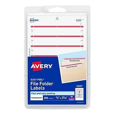 AVERY  
5201  
Residential Commercial  
EASY PEEL File Folder Labels  
Fast and easy peeling  
PERMANENT  
252 LABELS  
2/5 x 3 7/8  
7 LABELS