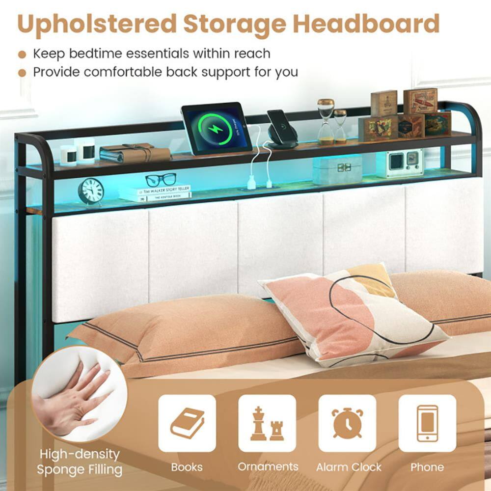 Upholstered Storage Headboard

- Keep bedtime essentials within reach
- Provide comfortable back support for you

High-density Sponge Filling

- Books
- Ornaments
- Alarm Clock
- Phone