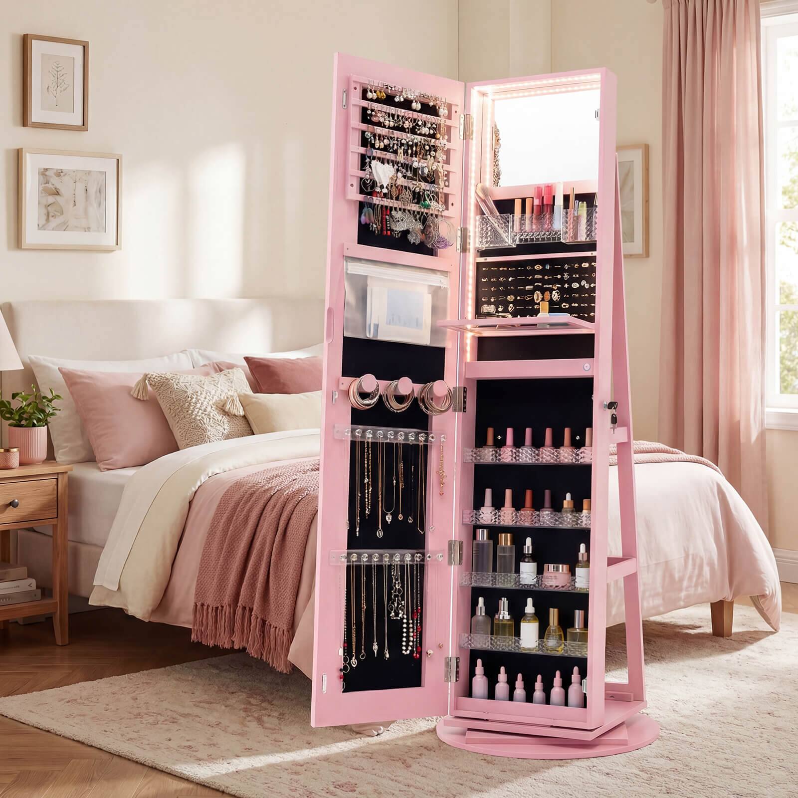 Alt View 3. Costway - Costway 360° Swivel Jewelry Cabinet with LED Lights, Full-Length Mirror & Makeup Mirror - Pink.