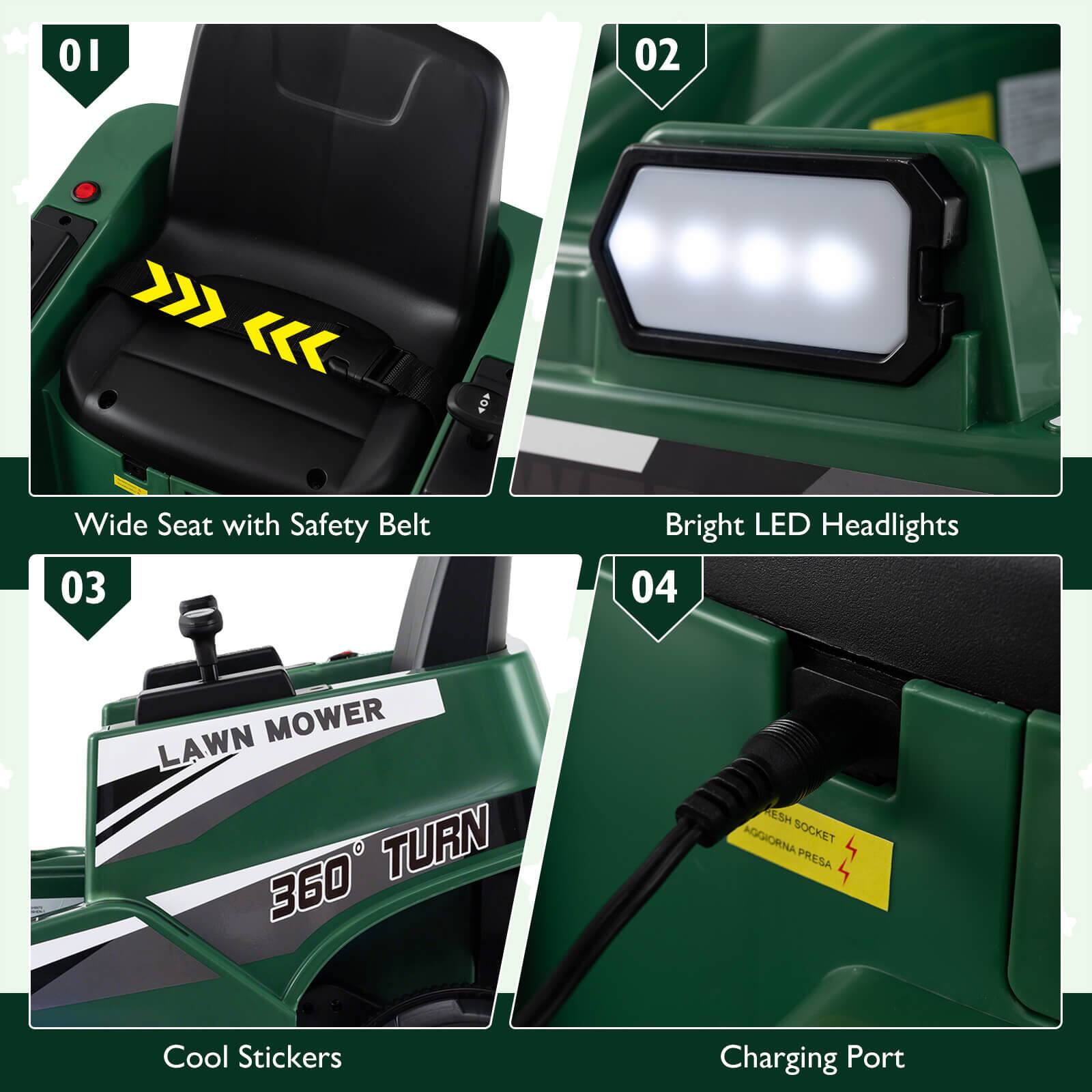 01 Wide Seat with Safety Belt  
02 Bright LED Headlights  
03 Cool Stickers  
04 Charging Port