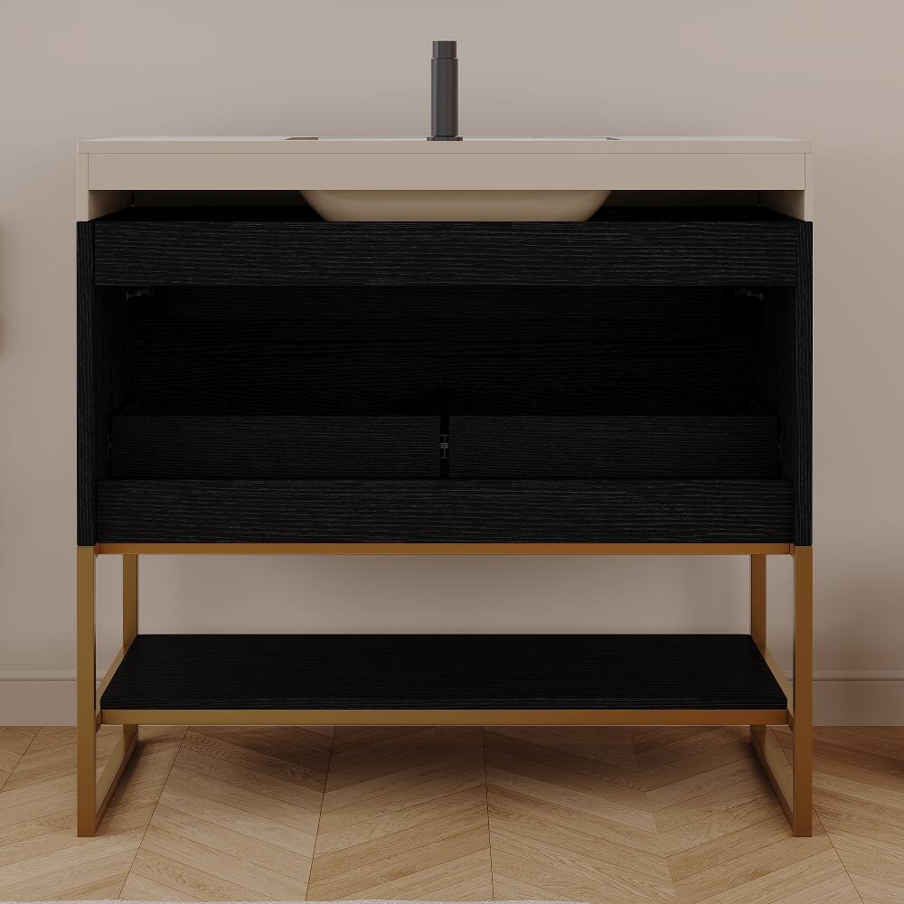 Alt View 3. Loheer - Loheer 36 inch bathroom vanity with Sintered Stone Top, Freestanding Sink Cabinet, Black/White - Black, White.