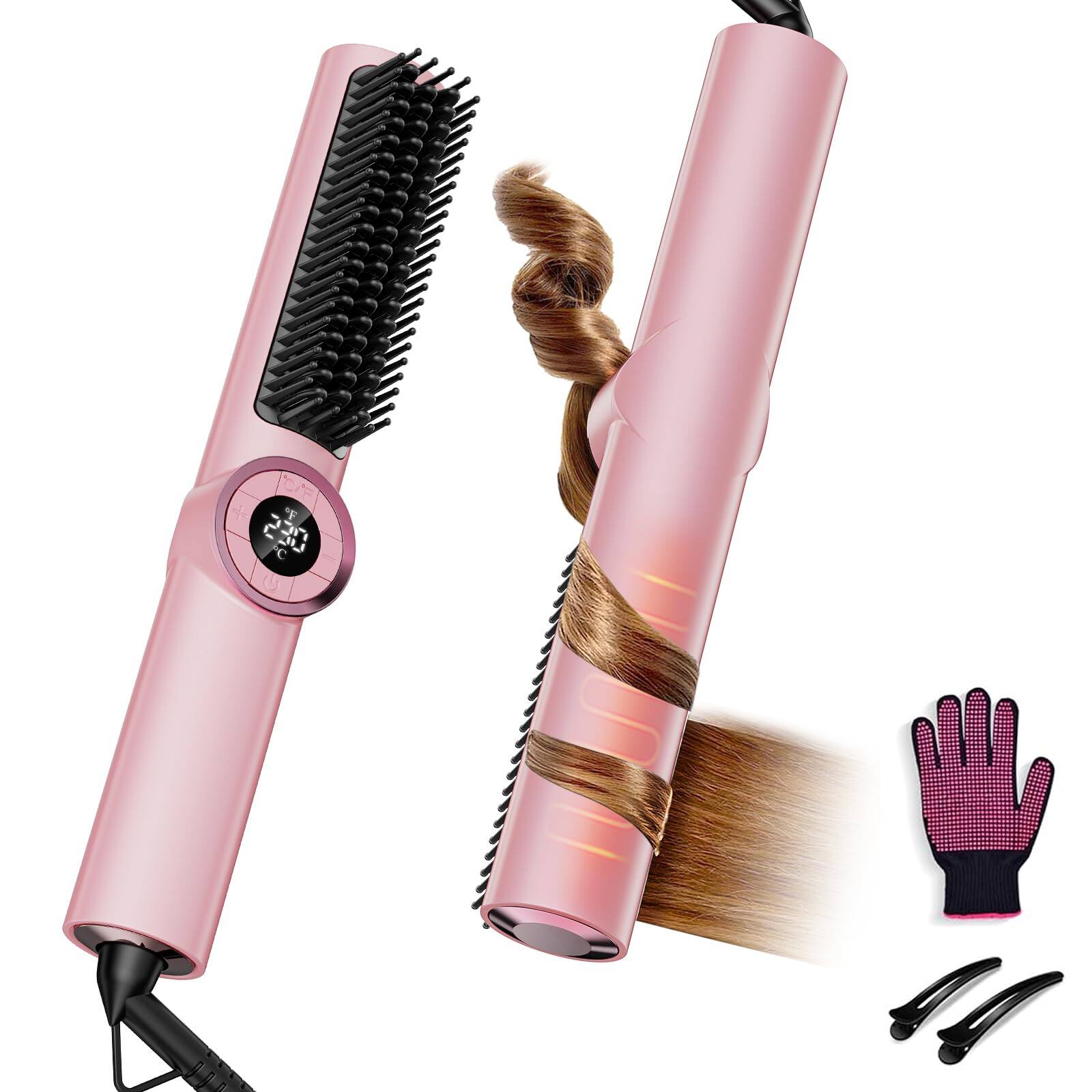 Front. Stylel Star - Hair Straightener Brush: 3-in-1 Curling & Straightening.