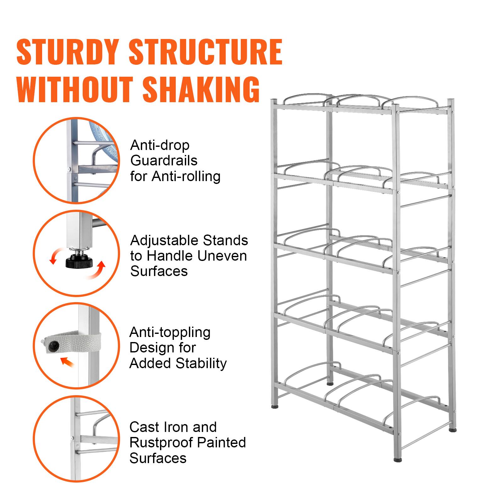 STURDY STRUCTURE WITHOUT SHAKING

- Anti-drop Guardrails for Anti-rolling
- Adjustable Stands to Handle Uneven Surfaces
- Anti-toppling Design for Added Stability
- Cast Iron and Rustproof Painted Surfaces