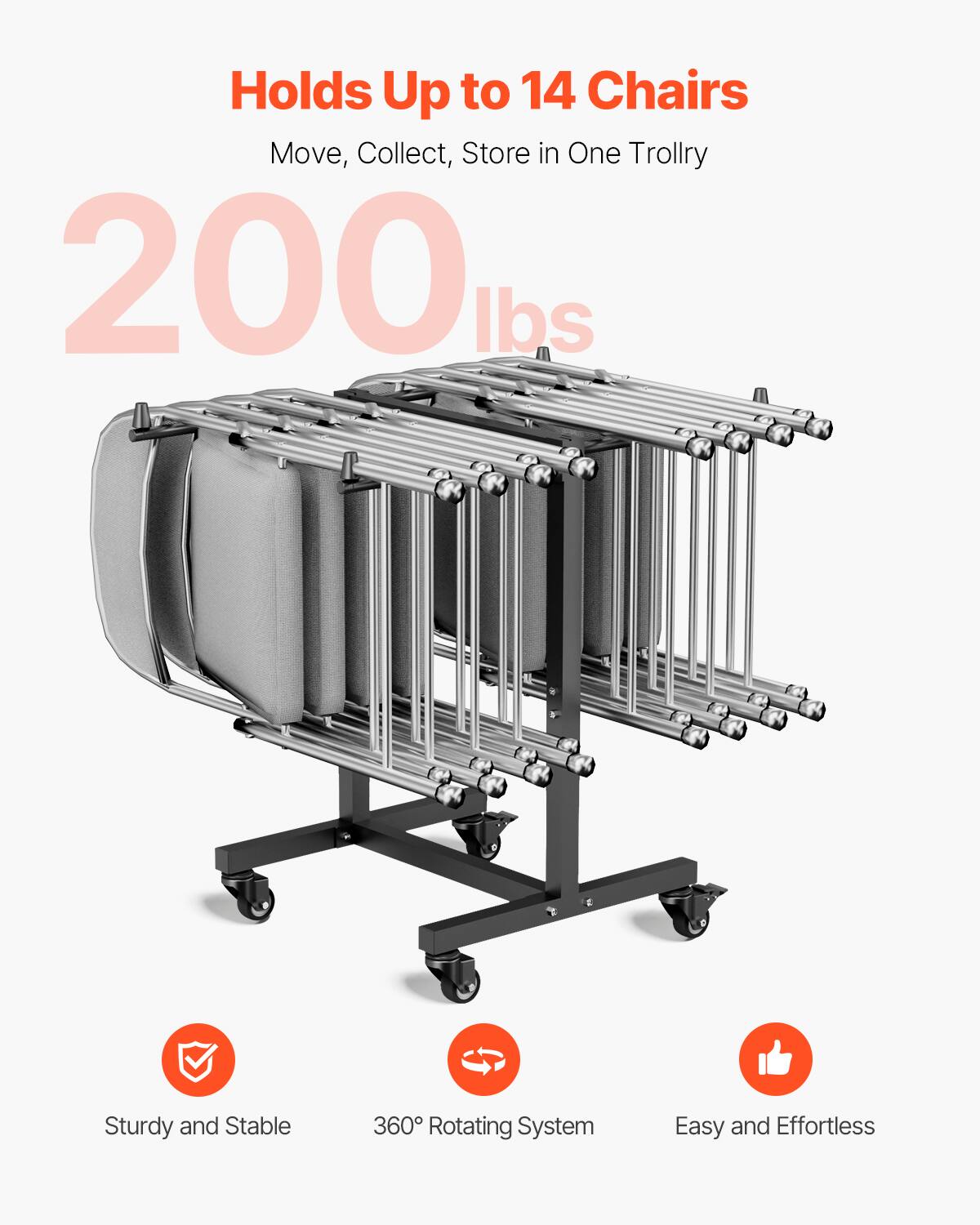 Holds Up to 14 Chairs, Move, Collect, Store in One Trollry, 200 lbs, Sturdy and Stable, 360° Rotating System, Easy and Effortless