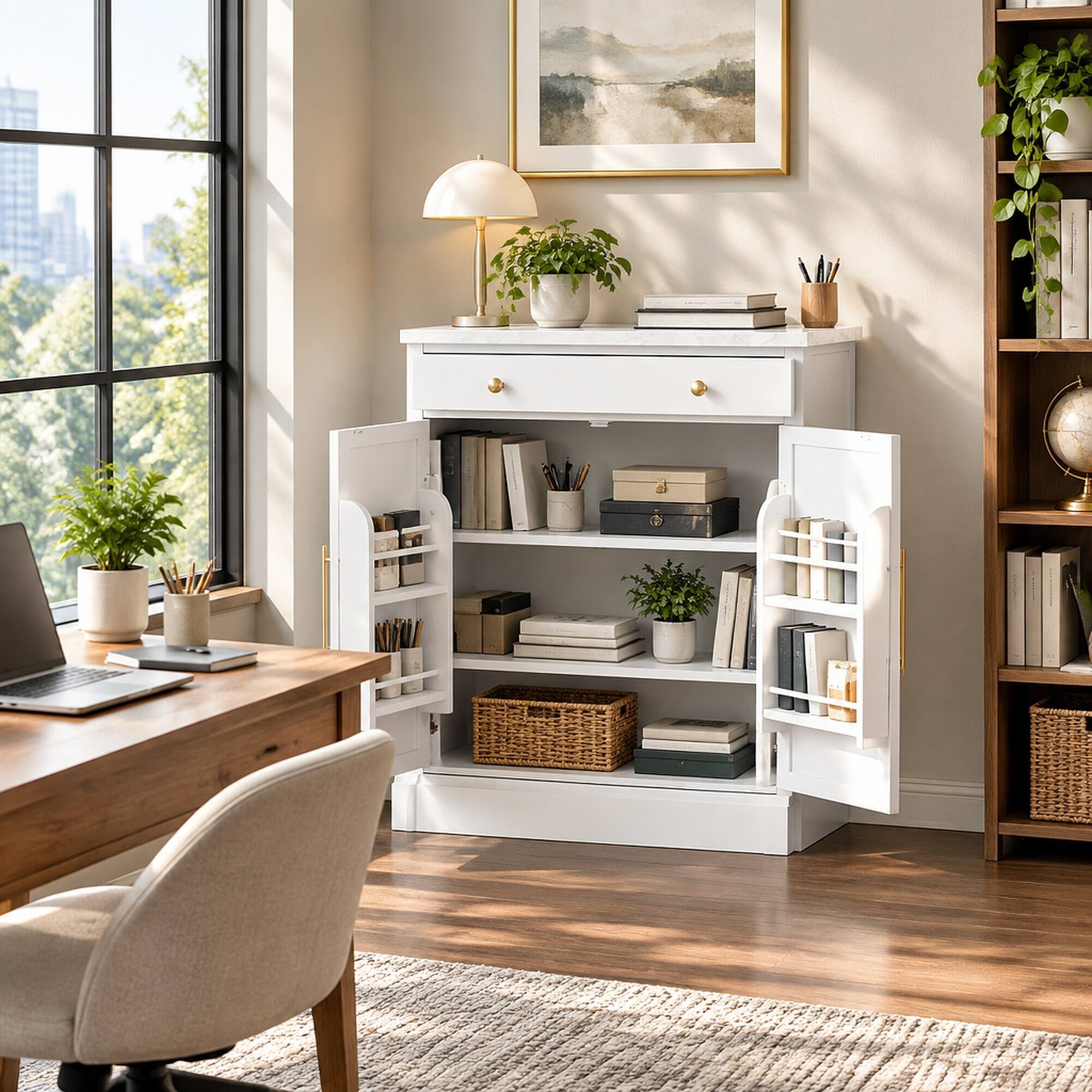 Left. RYHNUYNE - Freestanding Kitchen Pantry Cabinet with Adjustable Shelves, Coffee Bar Buffet Storage, White - White.