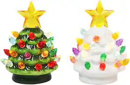 RTMB - 2-Pc 3.5" Ceramic Christmas Trees with Multicolor LED Lights & Star Topper - green, white