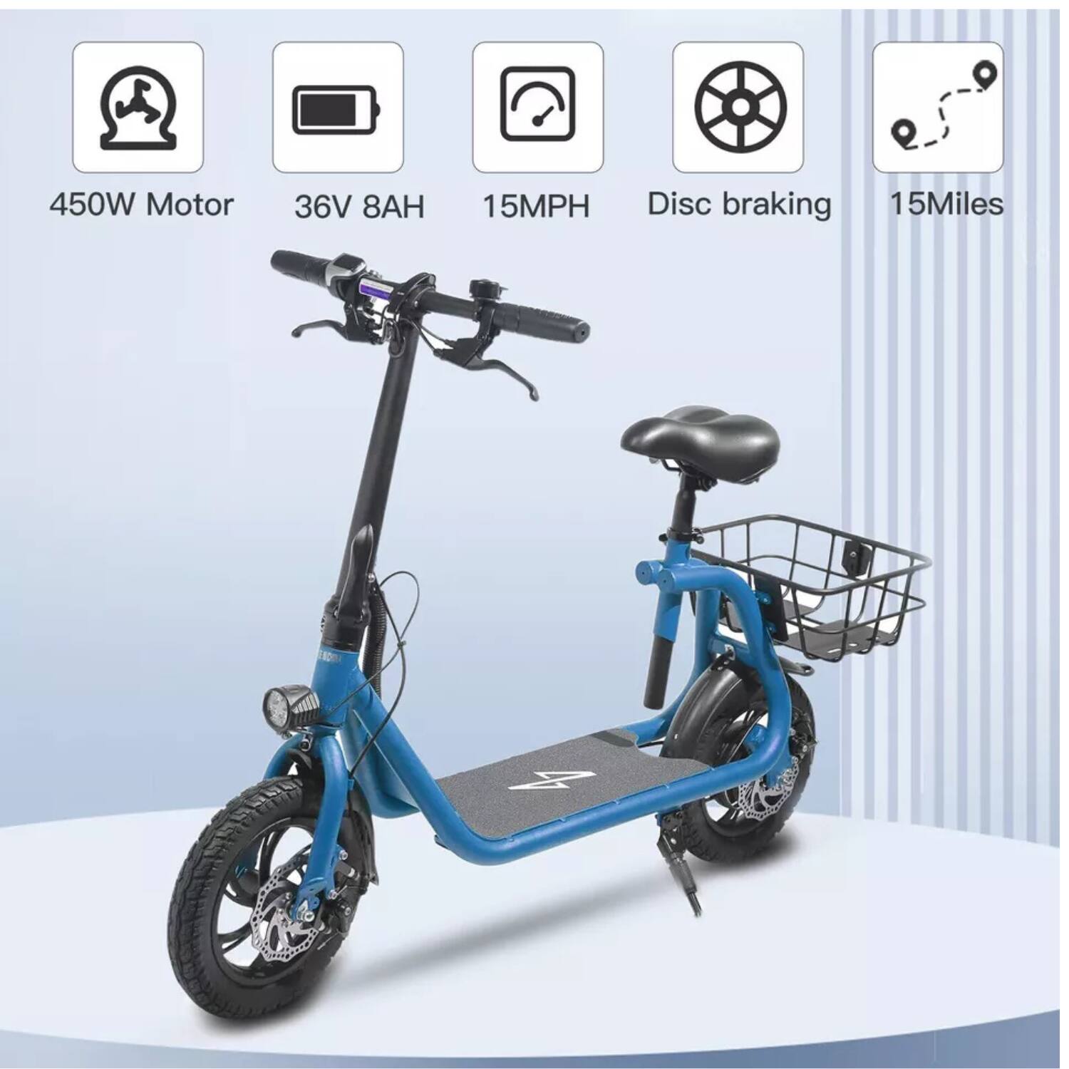 450W Motor  
36V 8AH  
15MPH  
Disc braking  
15Miles