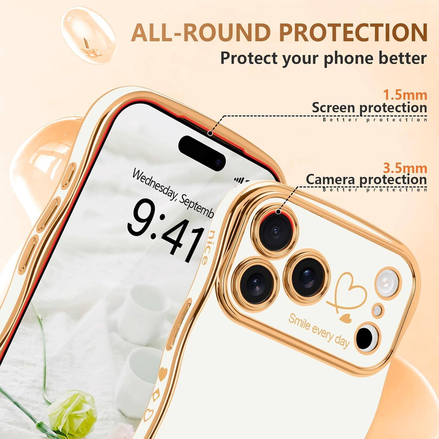 ALL-ROUND PROTECTION  
Protect your phone better  

1.5mm Screen protection  
Better protection  

3.5mm Camera protection  
Better protection  

Smile every day