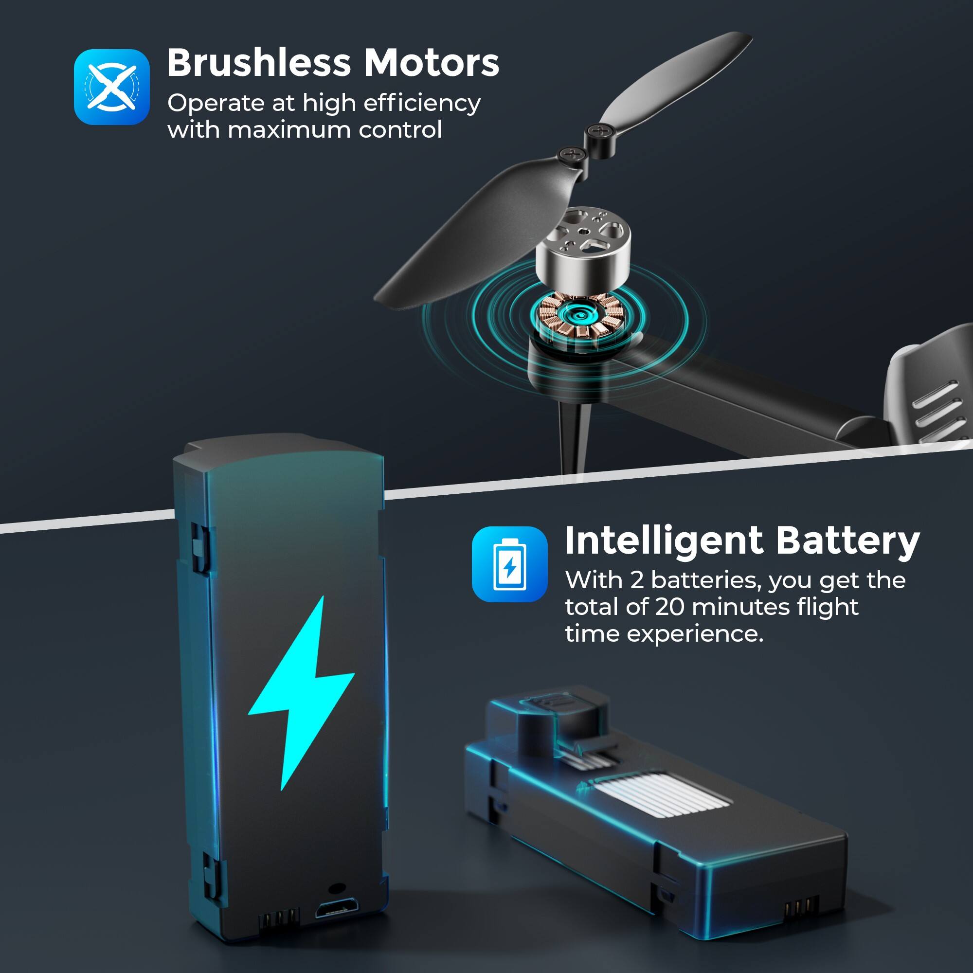 Brushless Motors: Operate at high efficiency with maximum control.
Intelligent Battery: With 2 batteries, you get the total of 20 minutes flight time experience.