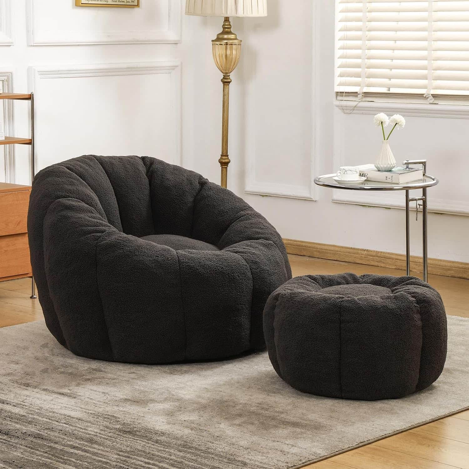 Trinkets Crazed - Tufted Teddy Plush Bean Bag Chair & Footrest Ottoman, Oversized Comfy Lounge Sofa - dark gray price history on PriceWatchPro