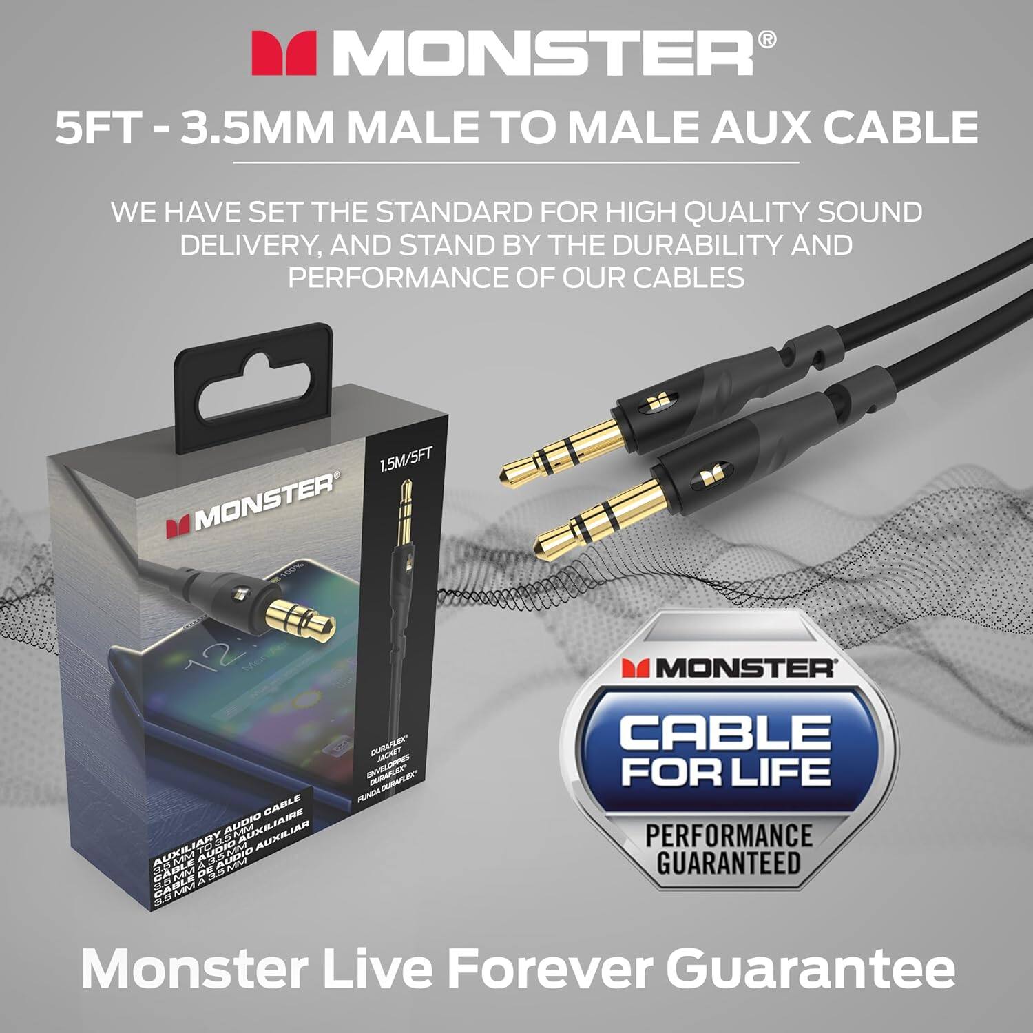 R MONSTER 5FT-3.5MM MALE TO MALE AUX CABLE WE HAVE SET THE STANDARD FOR HIGH QUALITY SOUND DELIVERY, AND STAND BY THE DURABILITY AND PERFORMANCE OF OUR CABLES 1.5M/5FT MONSTER' AUXILIAR AUXILIAIRE AUXILIAR AUXILIARY AUDIO CABLE E  H CABLE MT 35 AA ACRET CREAOD CERALI n MONSTER CABLE FOR LIFE PERFORMANCE GUARANTEED Monster Live Forever Guarantee