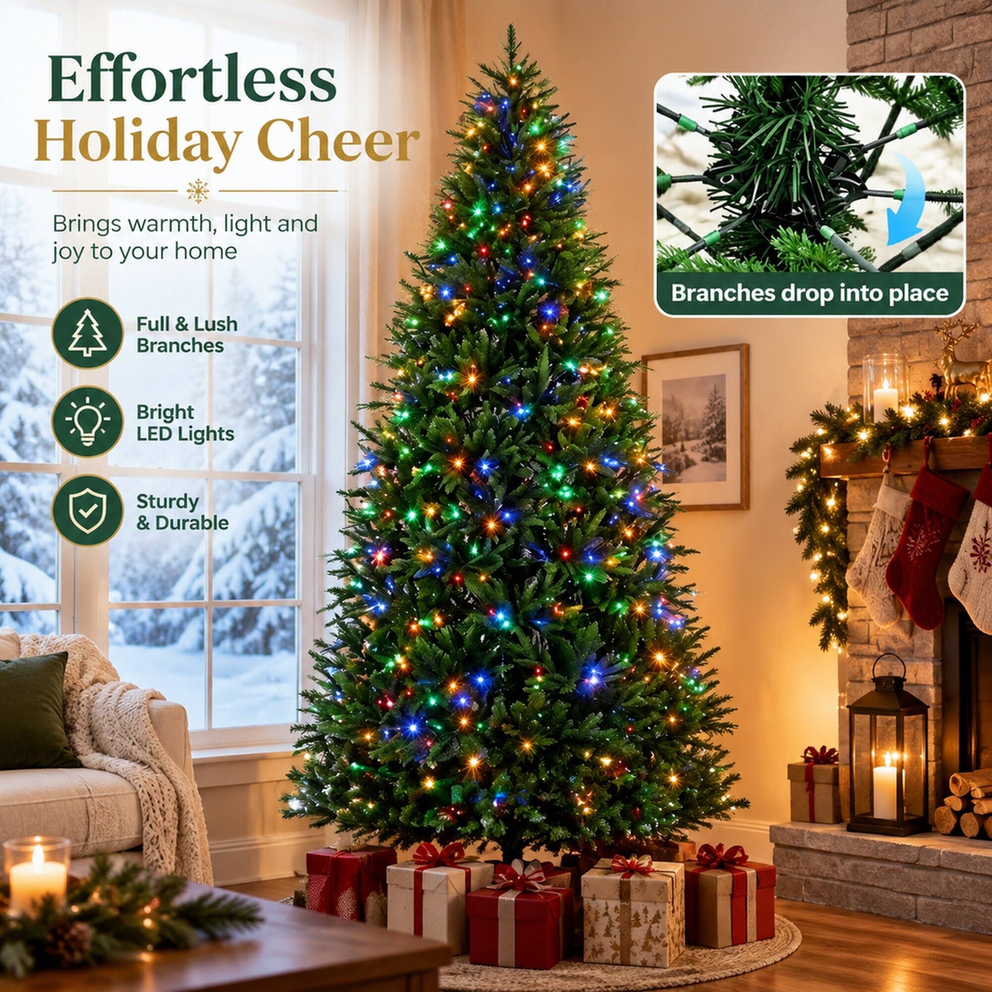 Effortless Holiday Cheer  
Brings warmth, light and joy to your home  

- Full & Lush Branches  
- Bright LED Lights  
- Sturdy & Durable  

Branches drop into place