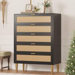 GARVEE - Rattan 5 Drawer Dresser, 44'' Tall Narrow Chest, Farmhouse Vertical Dresser with Metal Legs and Handles - Black