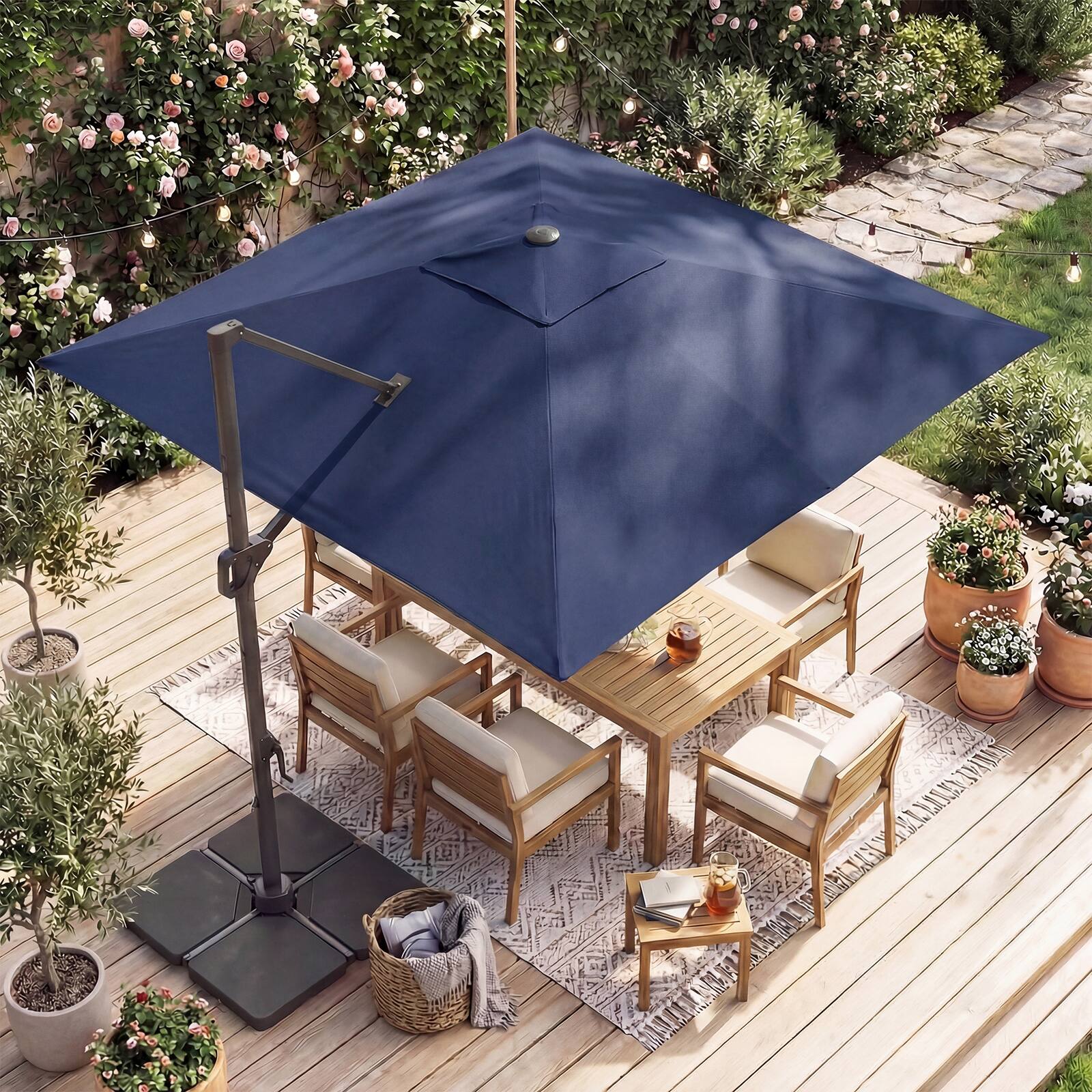 Alt View 4. Gymax - Gymax 10 FT Cantilever Outdoor Umbrella w/ 32 Solar LED Lights & 220 LBS Base Navy & Black - Blue.