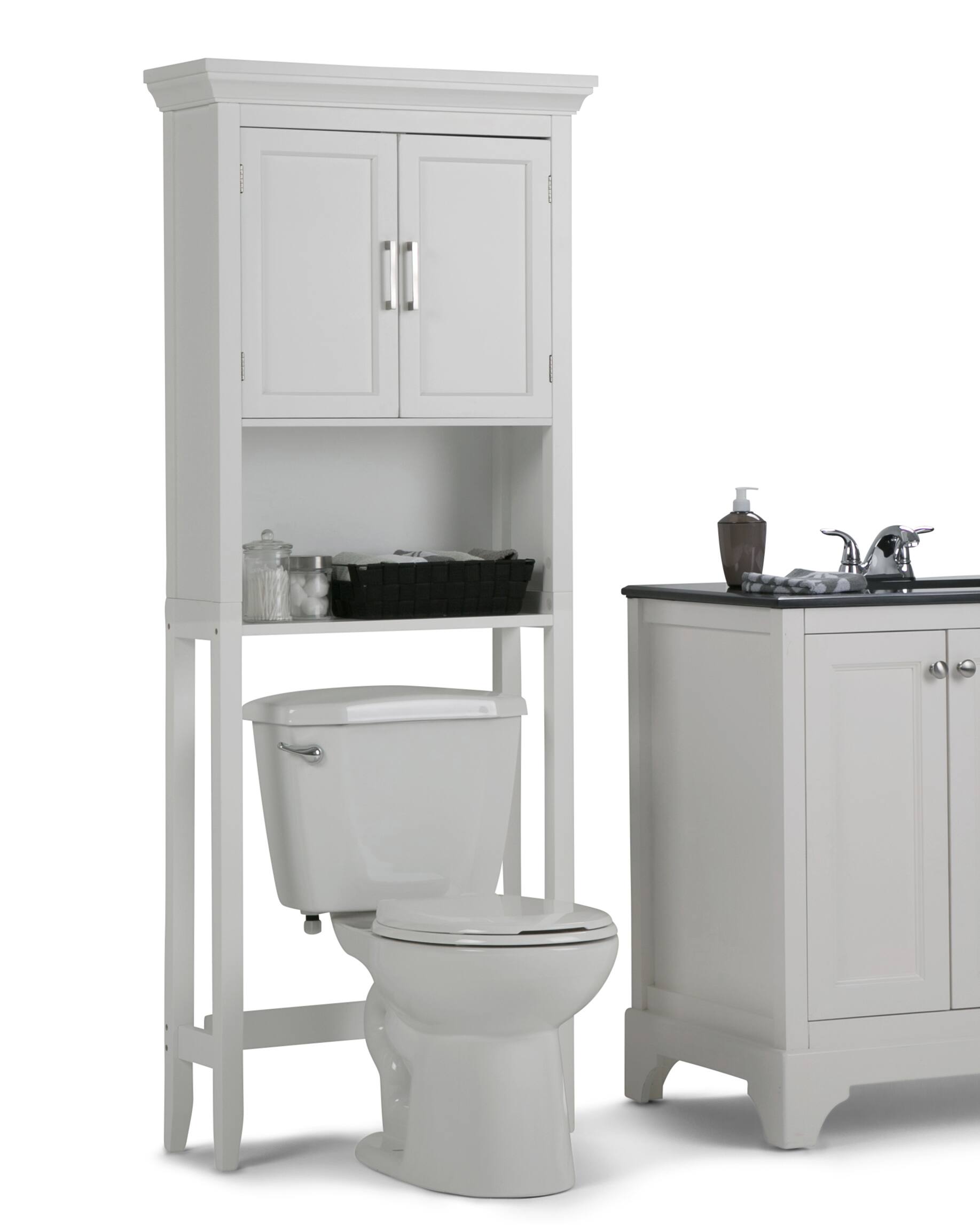 Angle. Simpli Home - Avington 67 inch H x 26.8 inch W Space Saver Bath Cabinet in Pure White - Pure White.