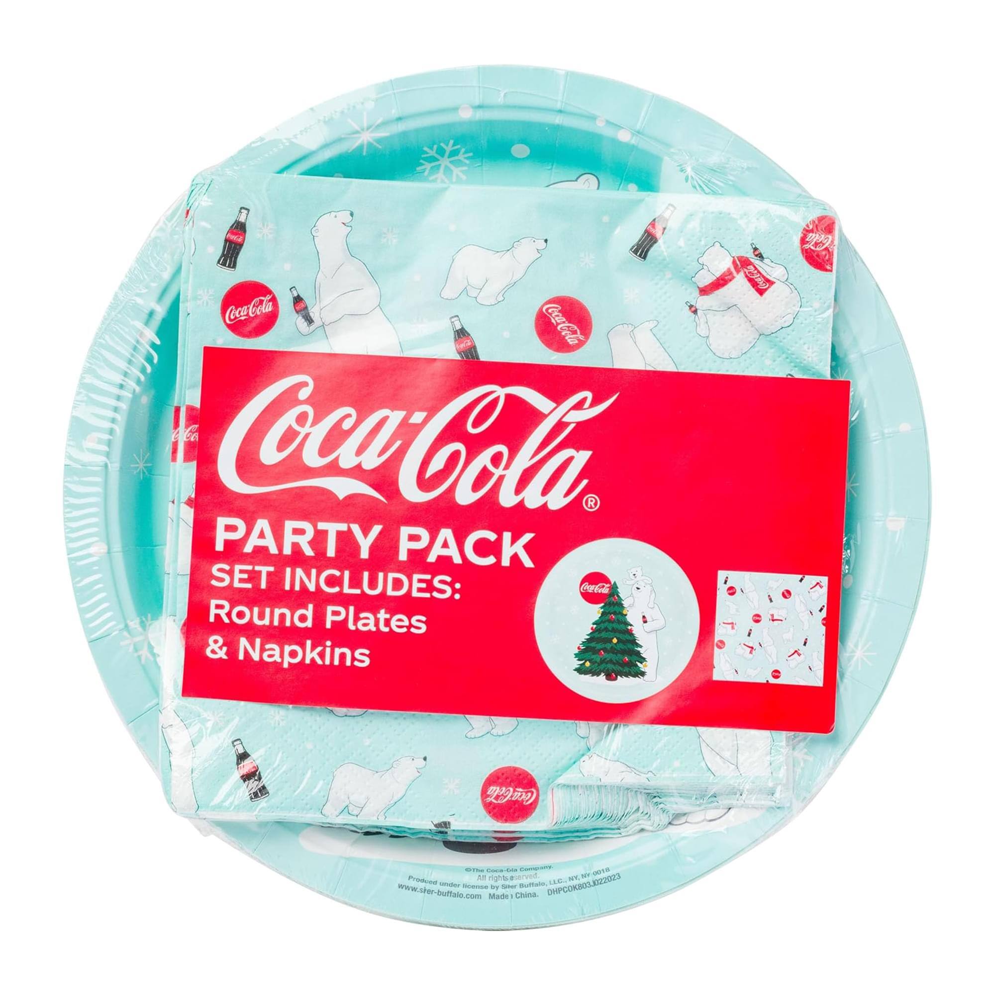 Coca-Cola  
PARTY PACK  
SET INCLUDES:  
Round Plates & Napkins  

Made in China  
DHPCCOK80392023  

www.sher-buttalo.com