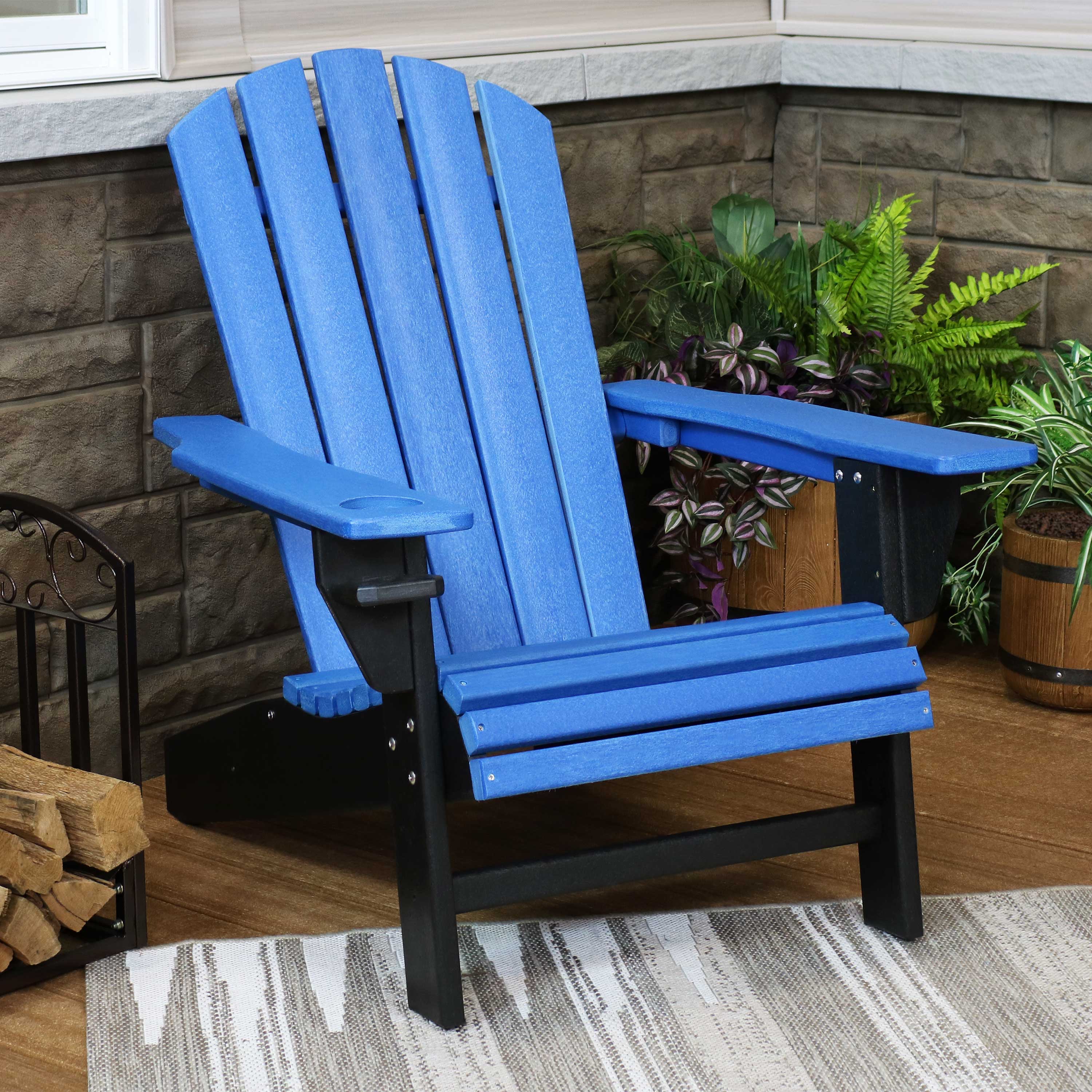 Alt View 2. Sunnydaze - HDPE Adirondack Chair with Drink Holder - Blue and Black.