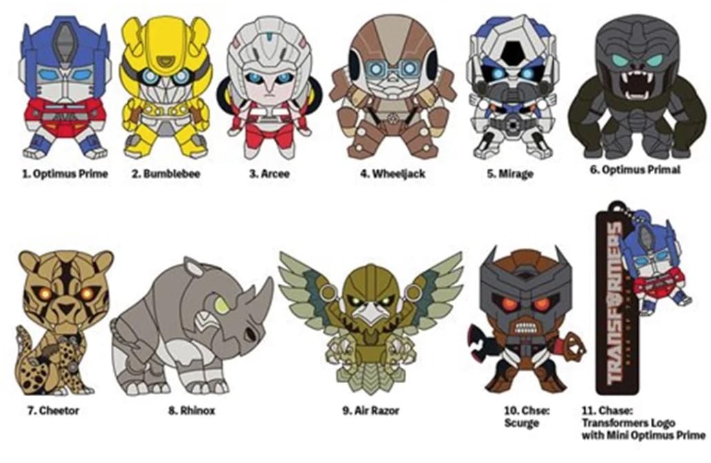 1. Optimus Prime  
2. Bumblebee  
3. Arcee  
4. Wheeljack  
5. Mirage  
6. Optimus Primal  
7. Cheetor  
8. Rhinox  
9. Air Razor  
10. Chase: Scurge  
11. Chase: Transformers Logo with Mini Optimus Prime