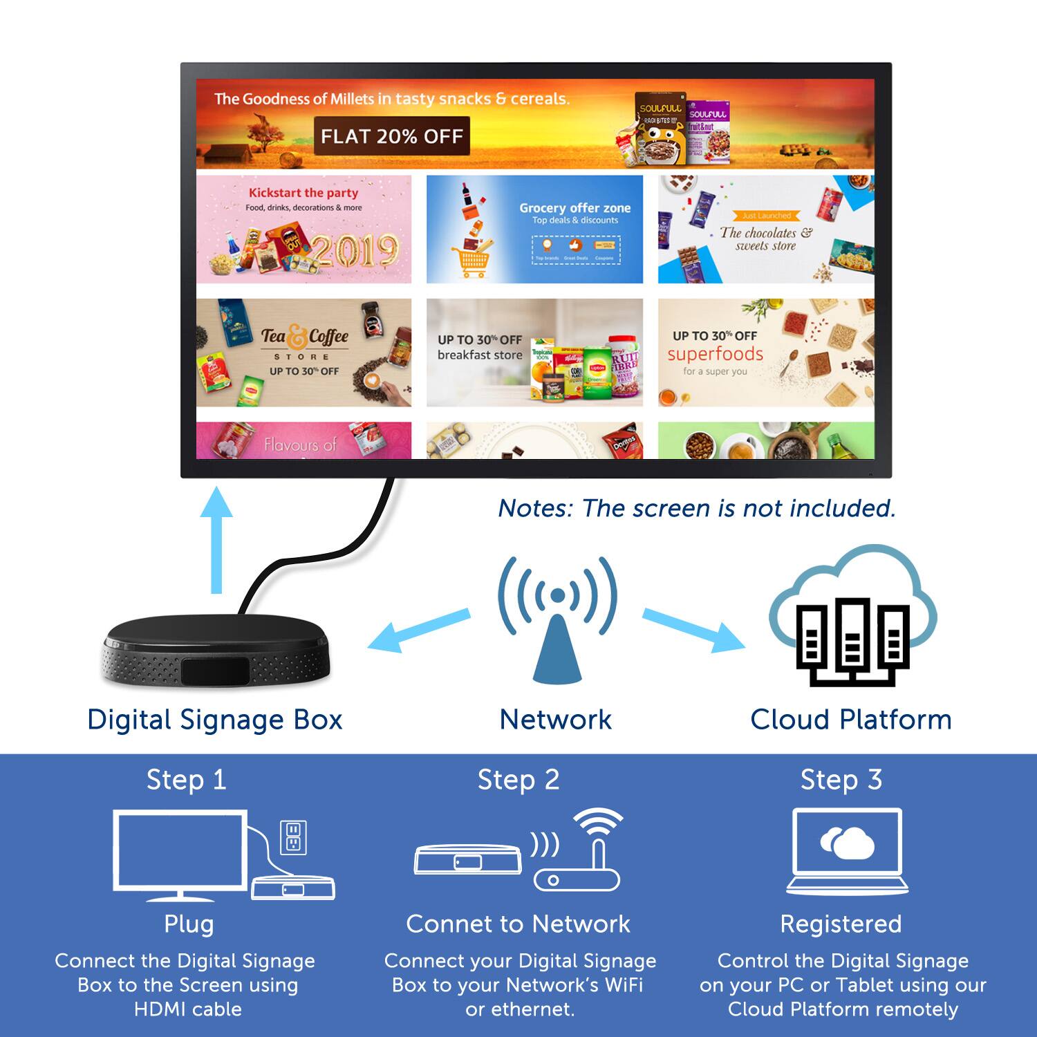 The Goodness of Millets in tasty snacks & cereals. FLAT 20% OFF SOULPULL SOULrUL - Kickstart the party Food drinks, decorations & more 2019 Grocery offer zone Top deals & discounts The chocolates & sweets store Tea Coffee + UP TO 30% OFF breakfast store UP TO 30% OFF superfoods for a super you Flavours of Notes: The screen is not included. Digital Signage Box Network Cloud Platform Step 1 Step 2 Step 3 Plug Connect the Digital Signage Box to the Screen using HDMI cable Connect to Network Connect your Digital Signage Box to your Network's WiFi or ethernet. Registered Control the Digital Signage on your PC or Tablet using our Cloud Platform remotely