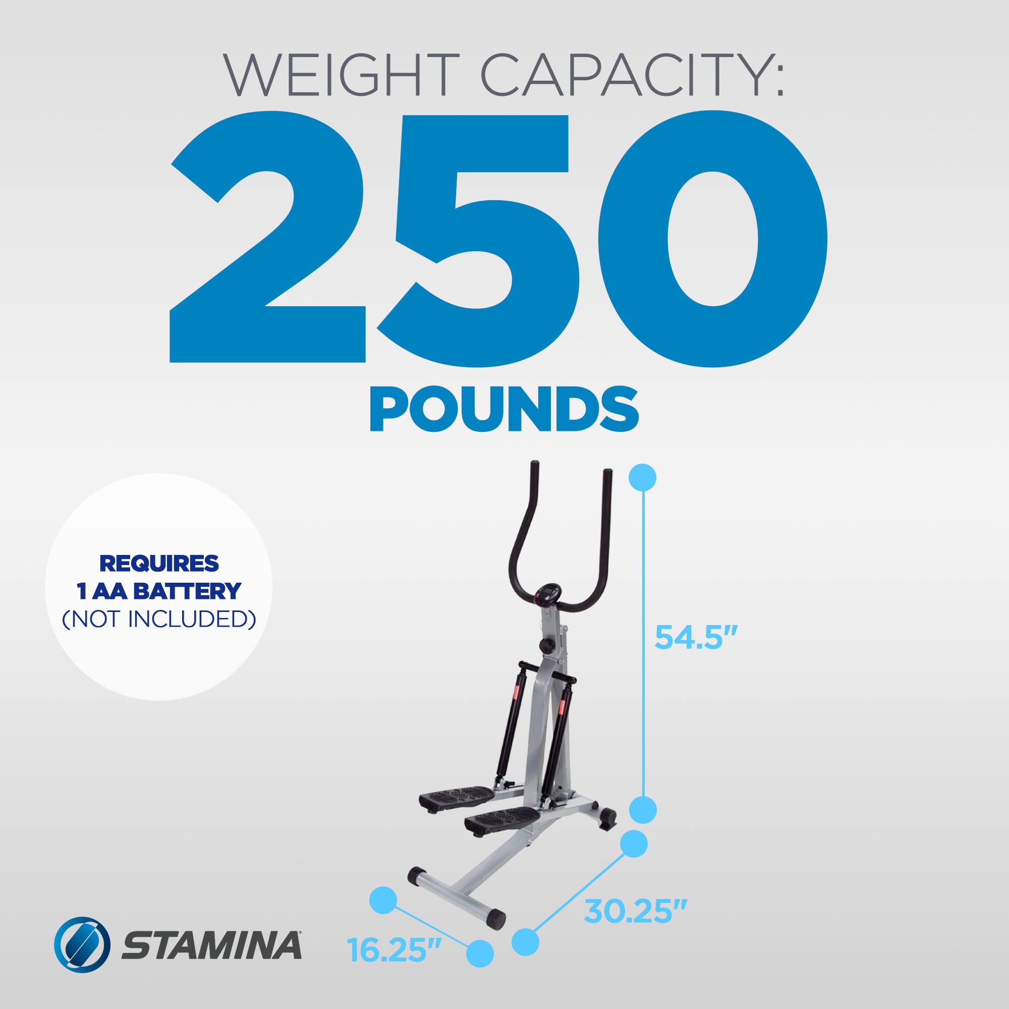 WEIGHT CAPACITY: 250 POUNDS  
REQUIRES 1 AA BATTERY (NOT INCLUDED)  
54.5"  
STAMINA  
16.25"  
30.25"