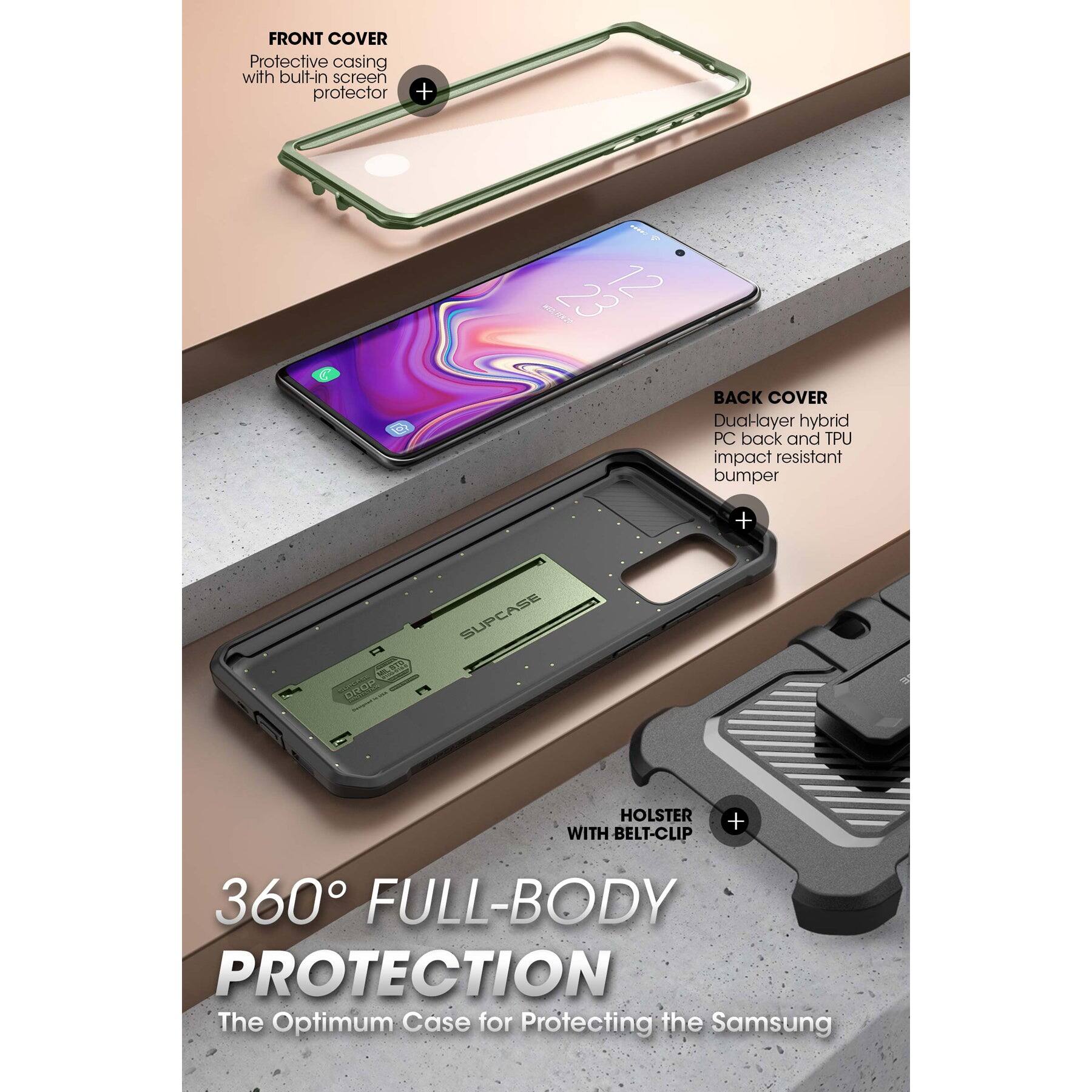 FRONT COVER  
Protective casing with built-in screen protector  

BACK COVER  
Dual-layer hybrid PC back and TPU impact resistant bumper  

HOLSTER WITH BELT-CLIP  

360° FULL-BODY PROTECTION  
The Optimum Case for Protecting the Samsung
