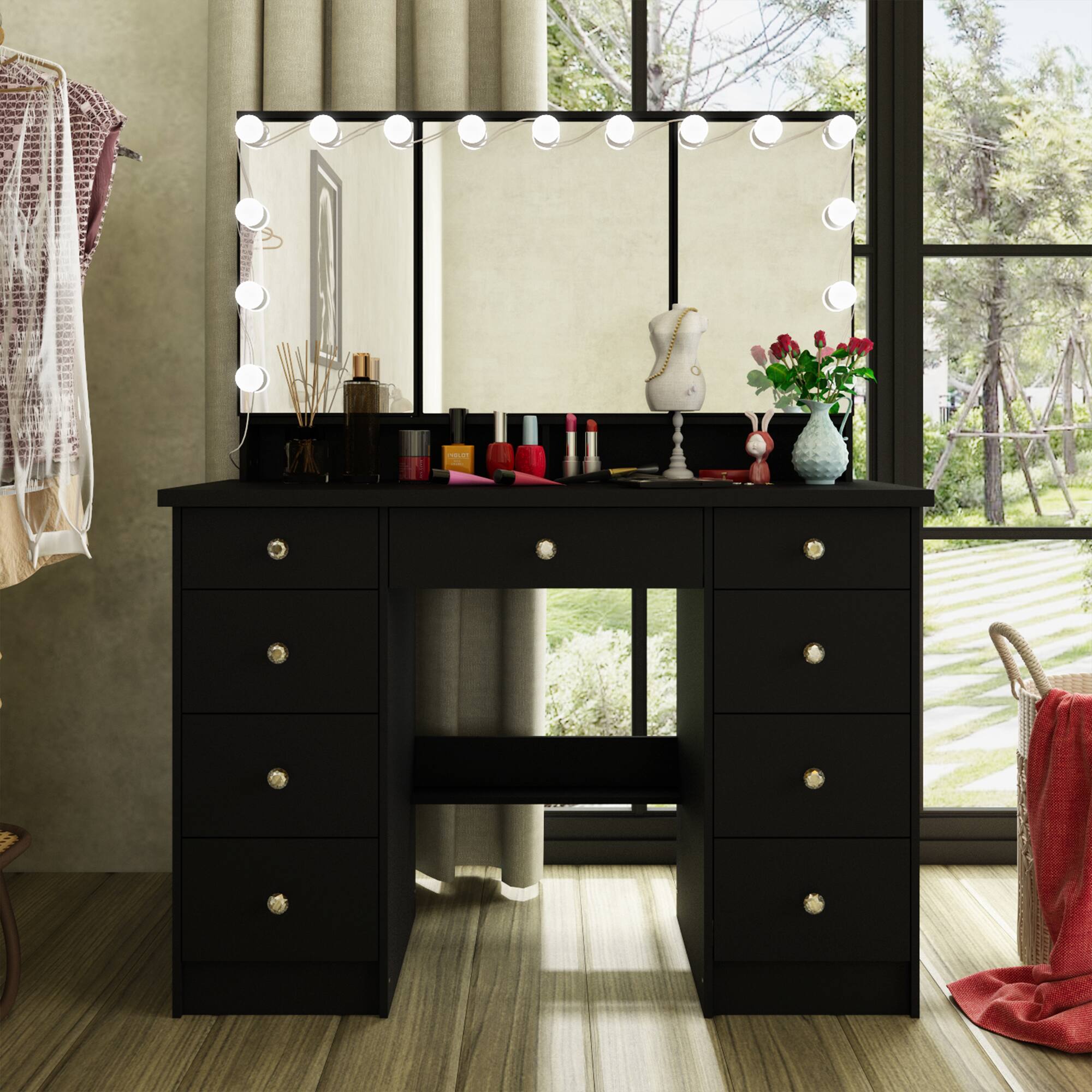 Alt View 2. Famapy - Luxe Illuminated Vanity Set w/3-Way Lighting | Silent-Drawer Organization, Eco-Smart Makeup Studio - Black.