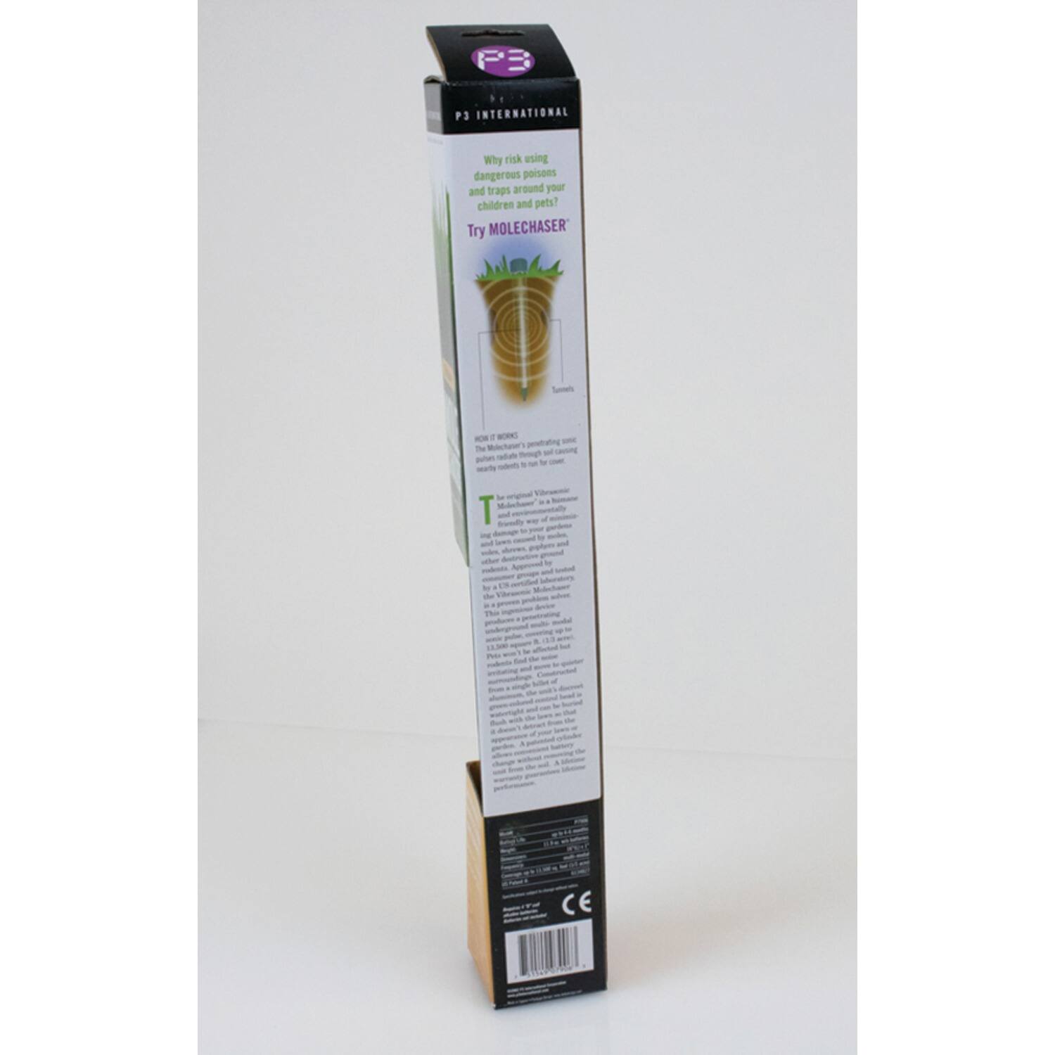 P3 INTERNATIONAL  
Why risk using dangerous poisons and traps around your children and pets?  
Try MOLECHASER  

- Sm -O d - penetrating  
- The Molechaser - caliah tg -f s t - . - sarty - a T M 1 - a somd t -  
- Approsed 1 E crtied -r N E. d The . -  

- CE