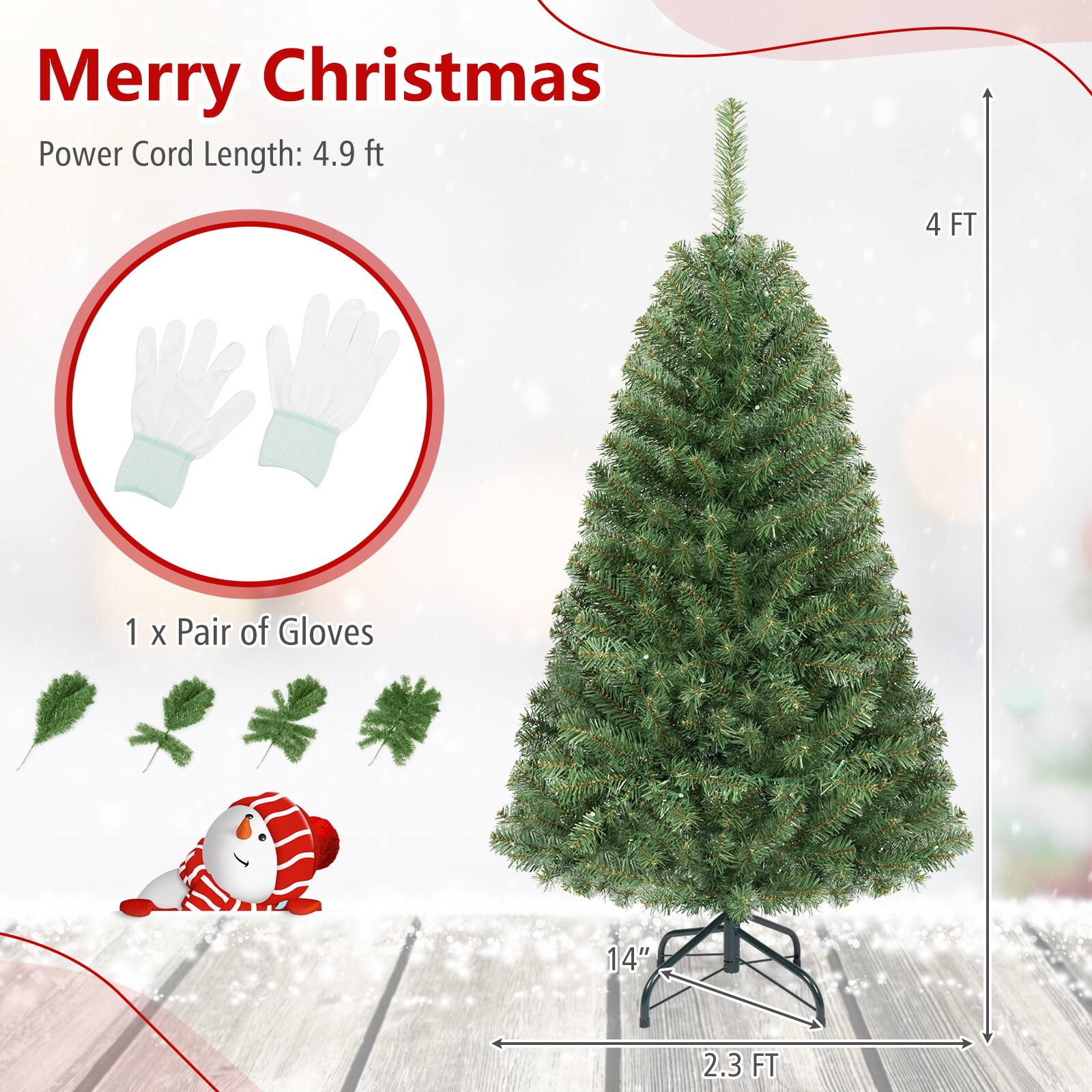 Merry Christmas  
Power Cord Length: 4.9 ft  
4 FT  
1 x Pair of Gloves  
14"  
2.3 FT