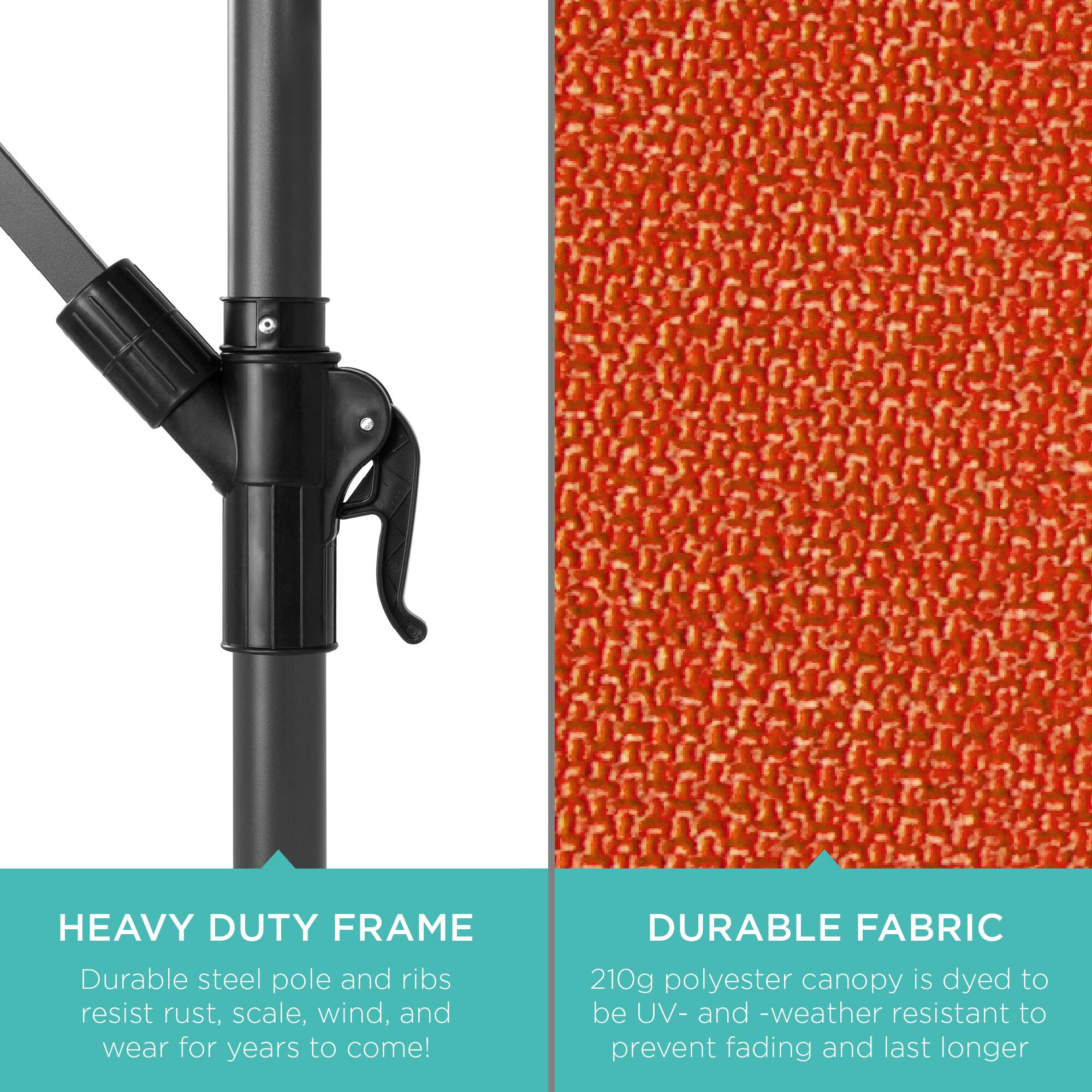 **HEAVY DUTY FRAME**  
Durable steel pole and ribs resist rust, scale, wind, and wear for years to come!

**DURABLE FABRIC**  
210g polyester canopy is dyed to be UV- and weather resistant to prevent fading and last longer