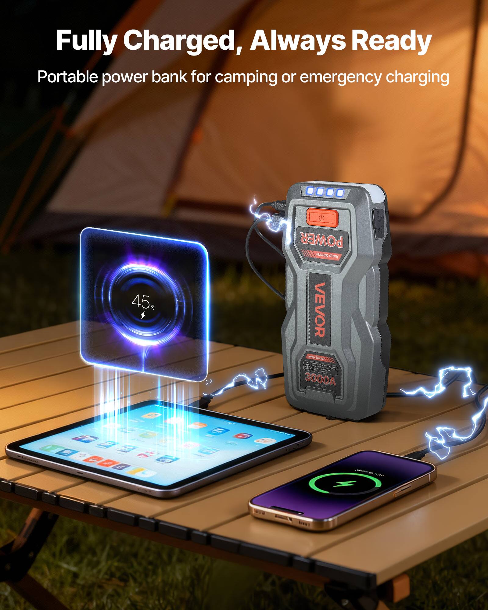 Fully Charged, Always Ready Portable power bank for camping or emergency charging

45% 4 POWER

VEVOR Jema Marer 3000A - NT