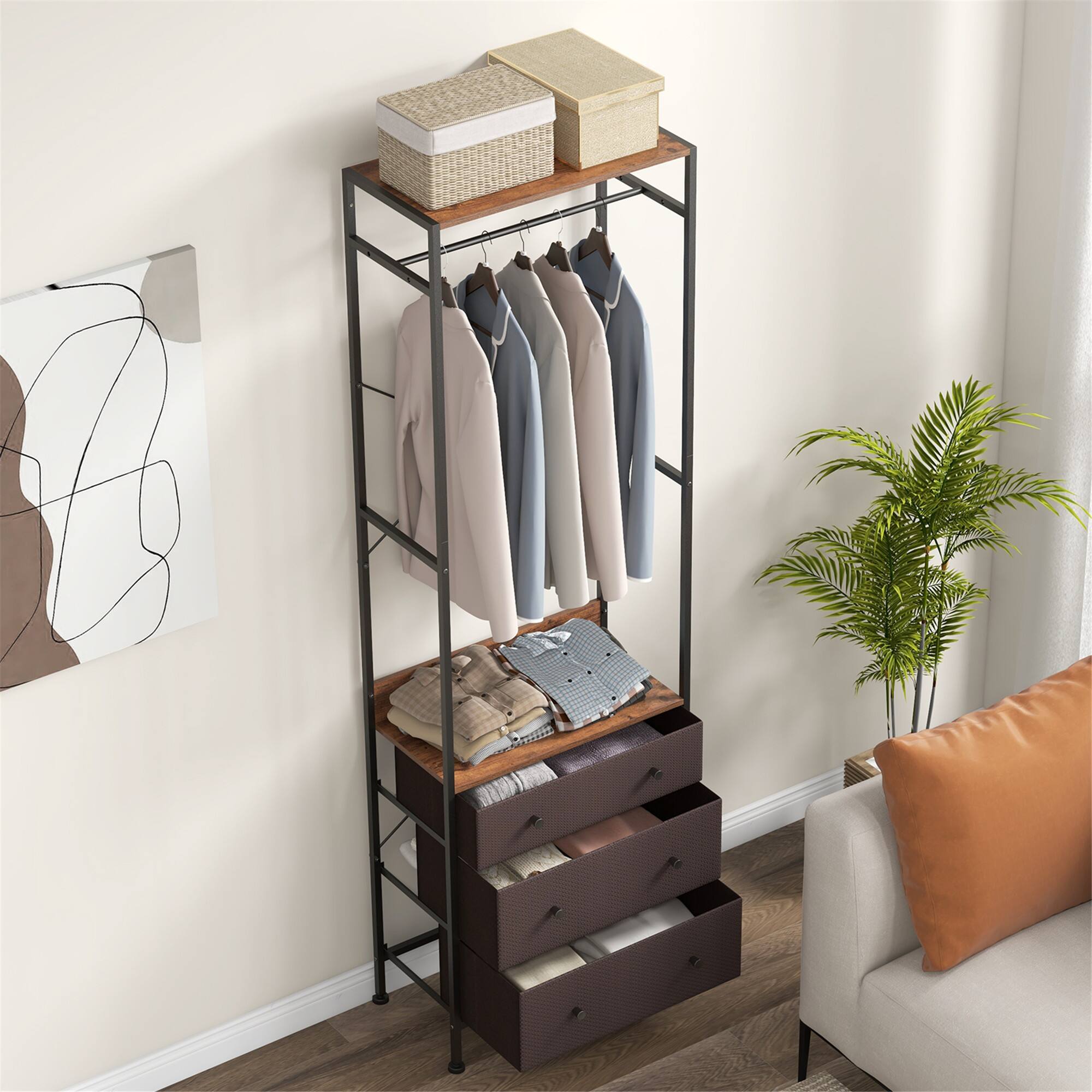 Alt View 1. Gymax - Gymax Freestanding Closet Organizer w/ 3-position Hanging Rod & Storage Shelves - Black, Brown.