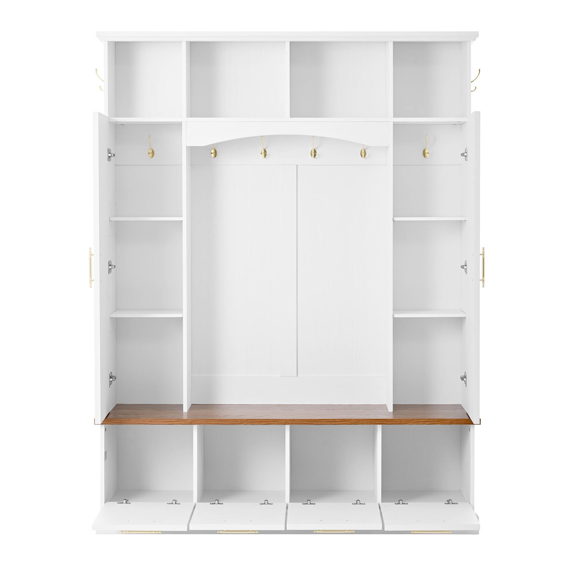 Left. Whisen - 4-in-1 Hall Tree,Entryway Coat Rack with Storage Bench,Shoe Cabinet,Handles and Adjustable Shelves - White.