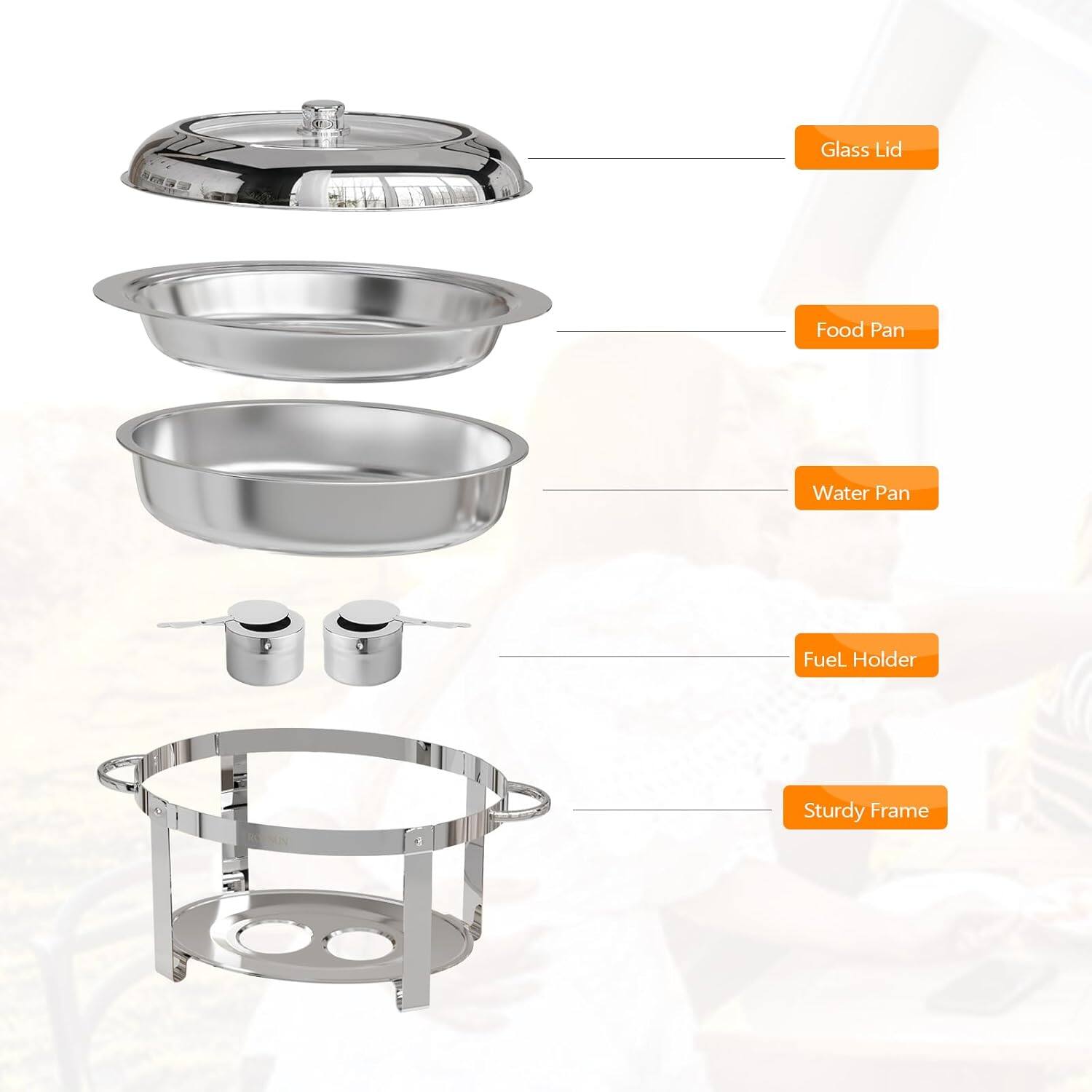 - Glass Lid
- Food Pan
- Water Pan
- Fuel Holder
- Sturdy Frame