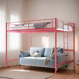 Winado - Loft Bed Queen Size with Flat Ladder High Guardrail Rung Heavy Duty Metal Bed Frame Support for Adults Kids Young Teens - Pink