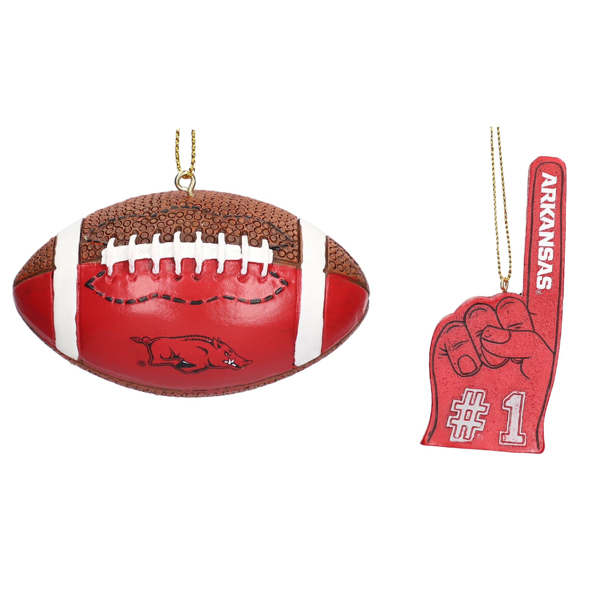 The Memory Company - Arkansas Razorbacks Two-Pack Football & Foam Finger Ornament Set - Multicolor