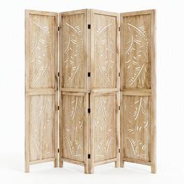 Costway - 4-Panel Wooden Room Divider Privacy Screen with Palm Leaf Design Panels for Home - Natural