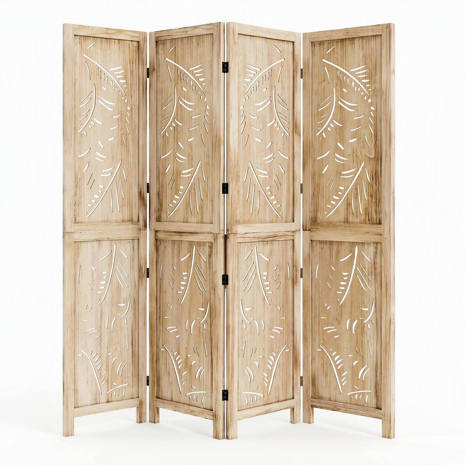 Costway 4 Panel Wooden Room Divider Privacy Screen with Palm Leaf ...