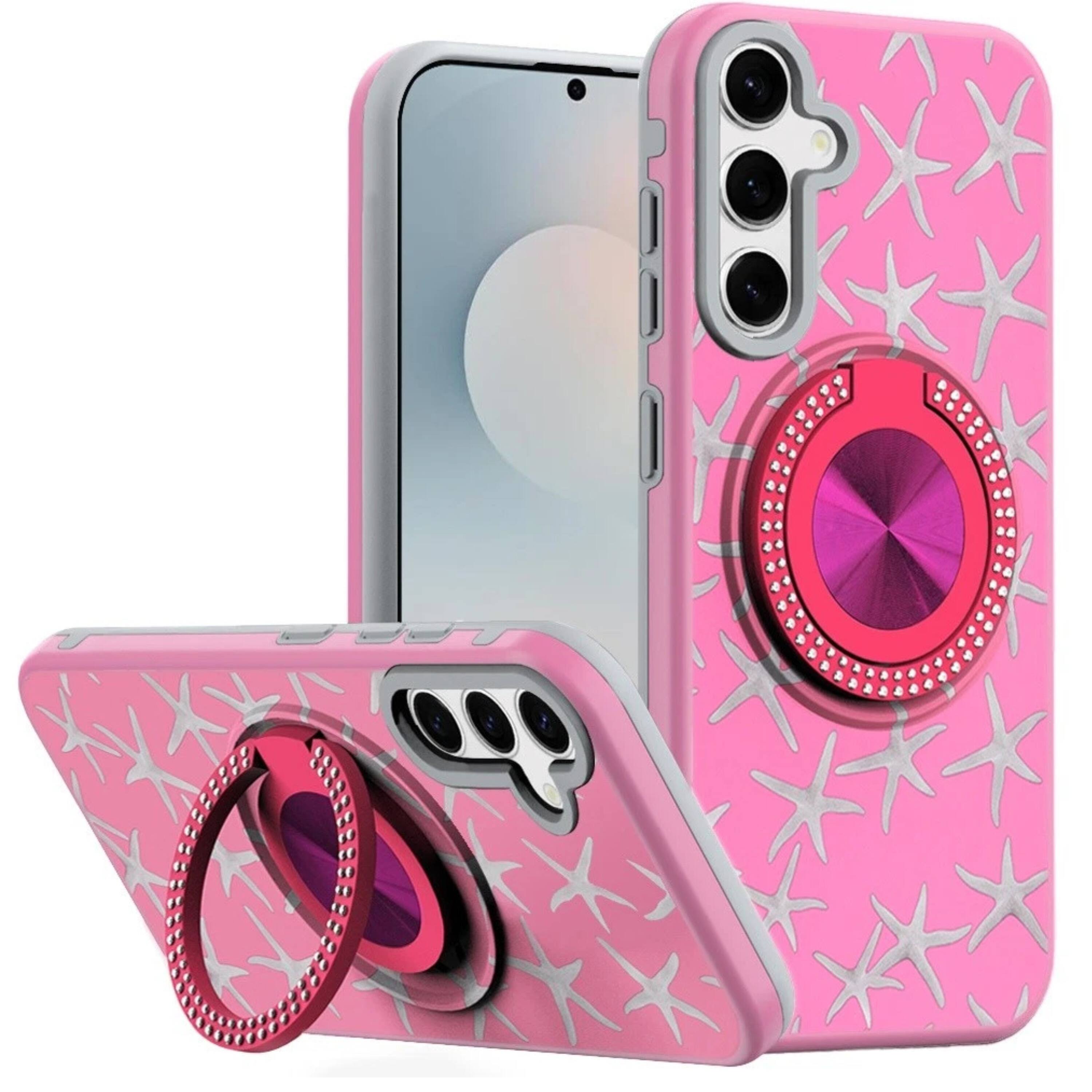 Front. Kitcheniva - Printed Bling 360 Rotating Ring Stand Phone Case With Tempered Glass For Samsung S26 6.3 Inch Pink Star - Pink.