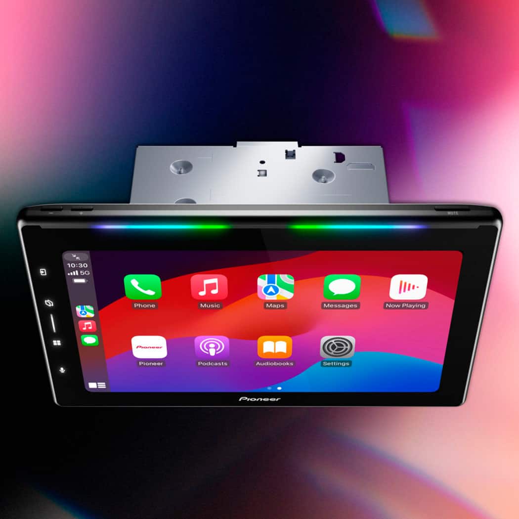 The text on the image reads: "10:30 ... 5G Phone Music Maps Messages Now Playing - Pioneer Ploneer Podcasts Authobooks Settings."