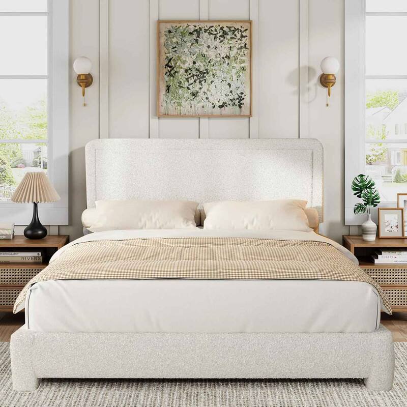 Dyonery - Queen Size Boucle Bed Frame, Upholstered Teddy Fabric Bed Frame with Headboard, Soft Rounded Corners,Easy Assembly - White