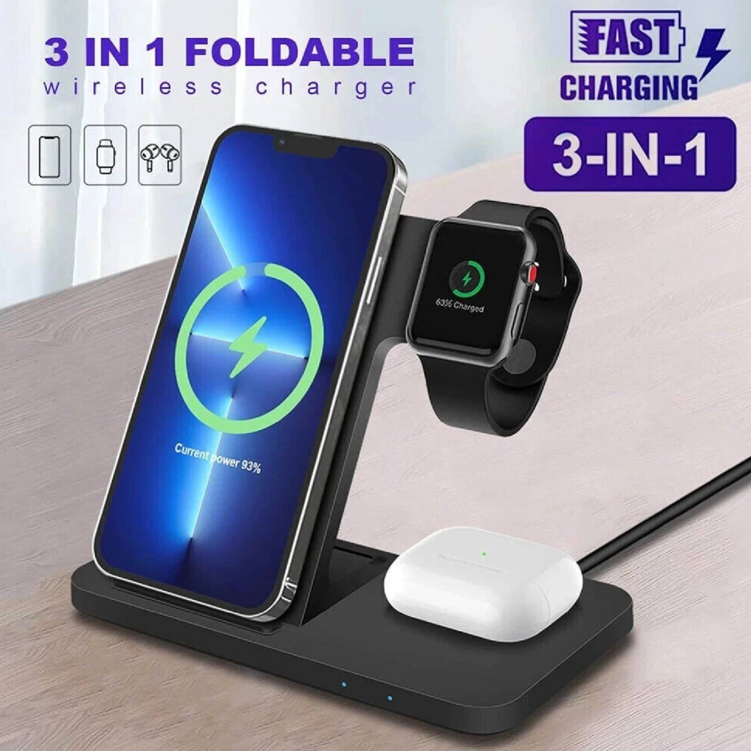 3 IN 1 FOLDABLE wireless charger

FAST CHARGING

3-IN-1

Current power 93%

63% Charged