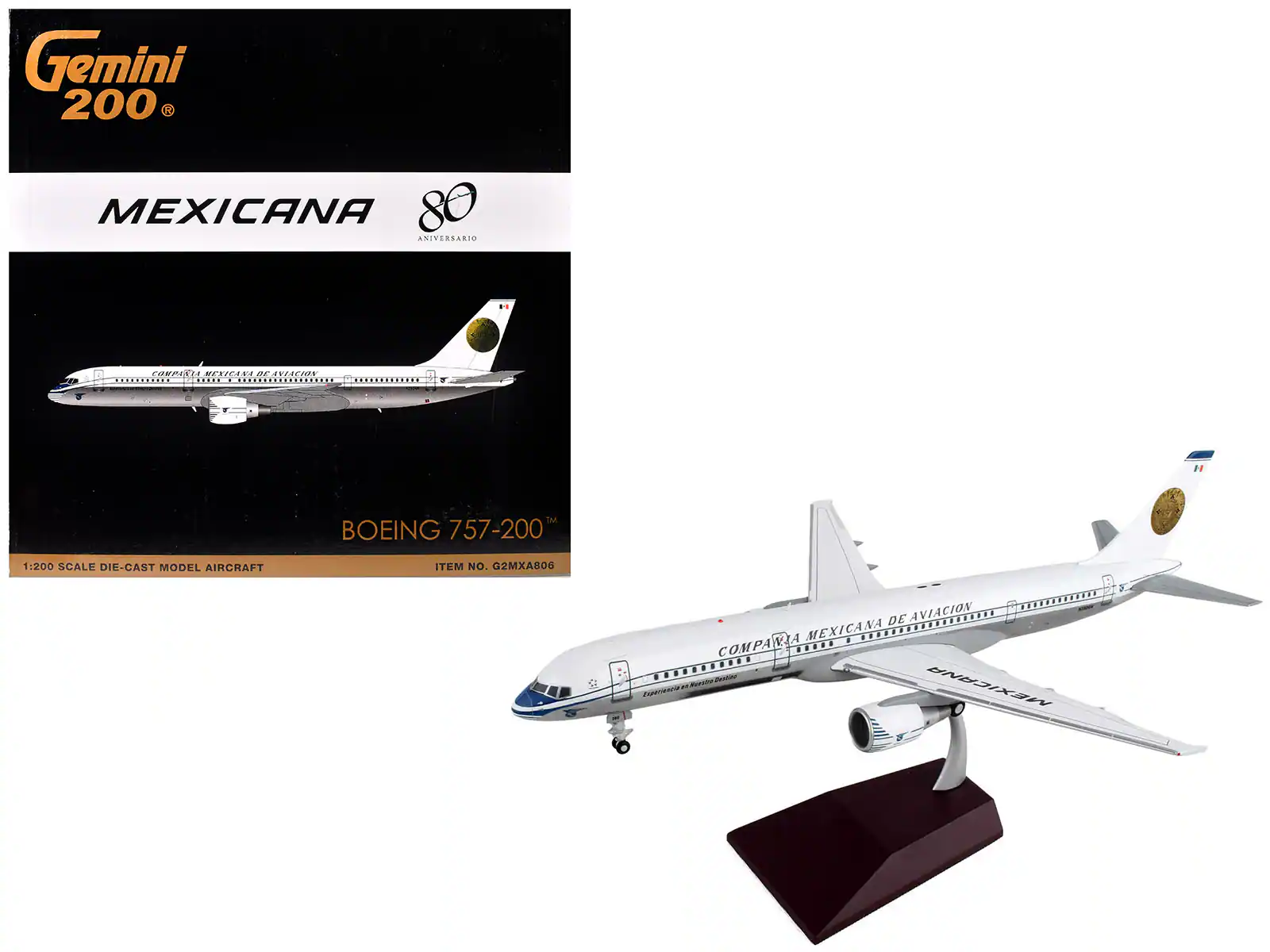 Gemini 200  
MEXICANA  
80 ANIVERSARIO  

BOEING 757-200  
1:200 SCALE DIE-CAST MODEL AIRCRAFT  
ITEM NO. G2MXA806  

COMPANIA MEXICANA DE AVIACION