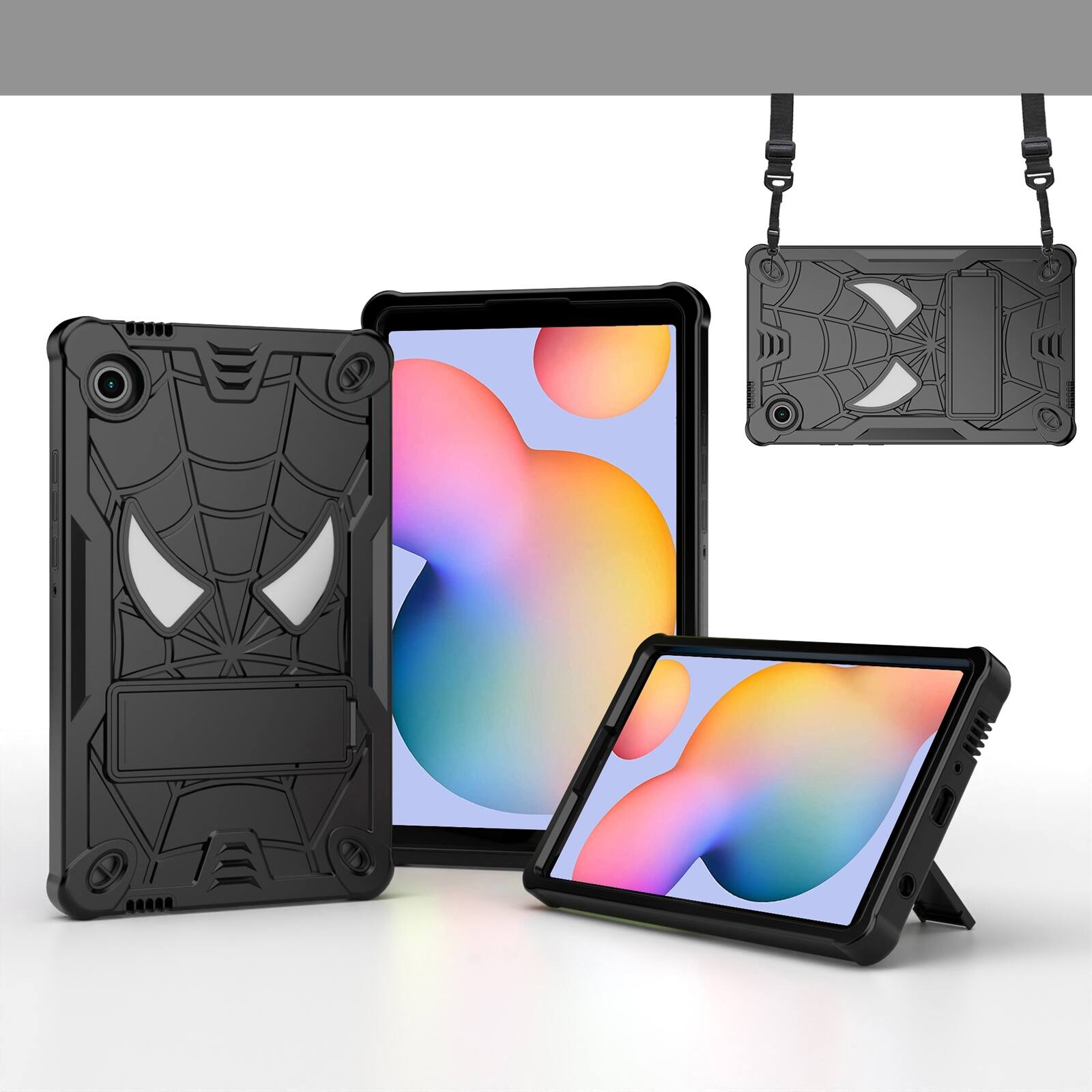 Angle. UUCOVER - Kids Case for Samsung Galaxy Tab A11+ 11-inch 2025 (SM-X230/X236/X238) Shockproof TPU+PC Stand Cover with Shoulder Strap - Black.