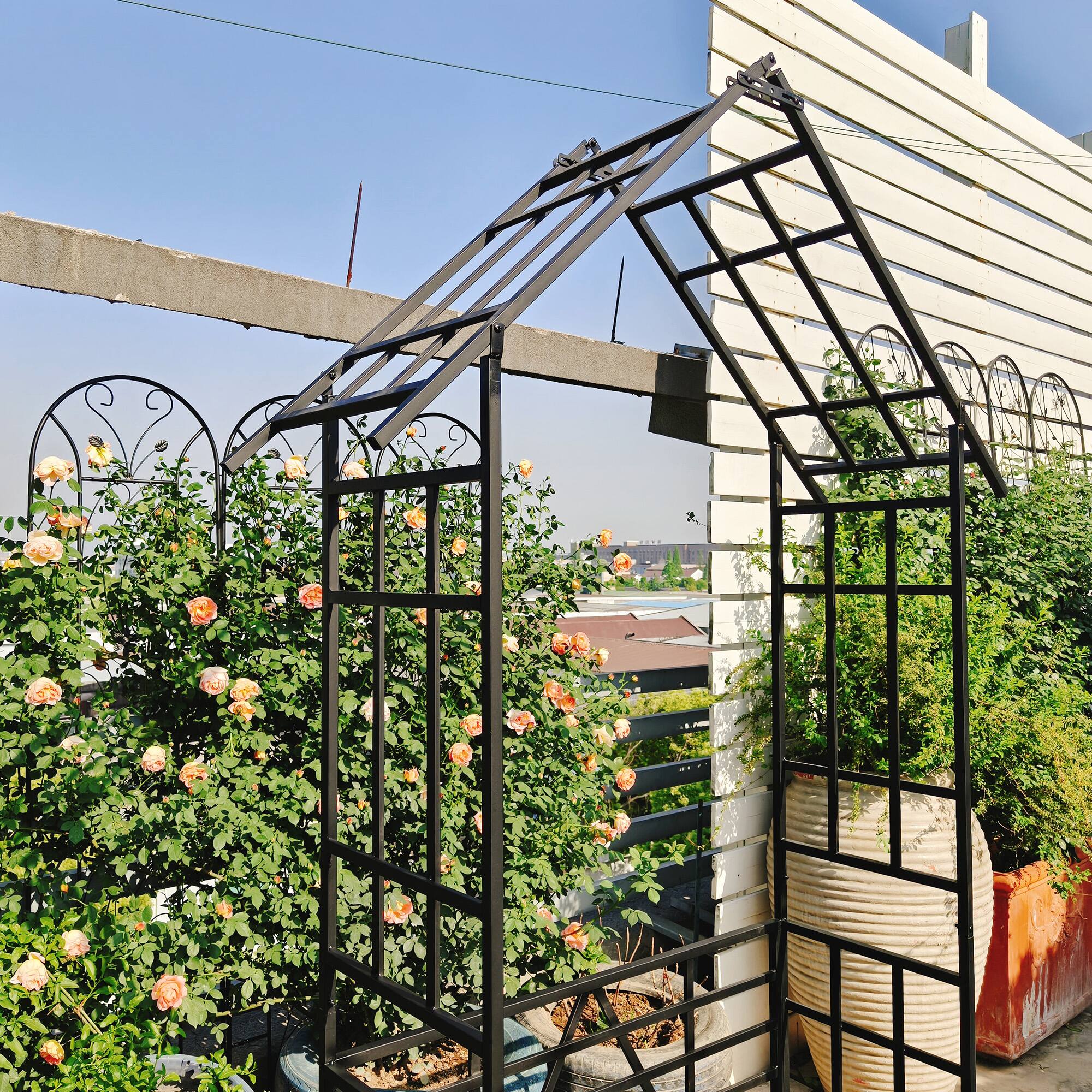 Alt View 1. Loheer - 4.84 ft Metal Garden Arch with Bench Rose Trellis Arbor for Outdoor Climbing Plants - Black.